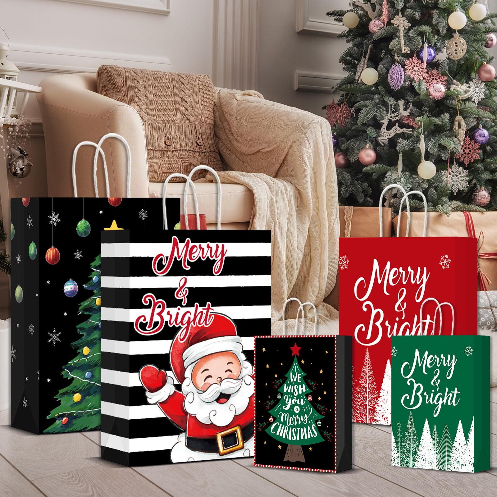 CHUNNIN 12 PCS Christmas Gift Paper Bags Bulk with Handles Xmas Holiday Bags Assorted Sizes Set for Christmas Party Supplies Favors Wrapping Presents Goodie Bags (3 Jumbo, 3 Large, 3 Medium, 3 Small)