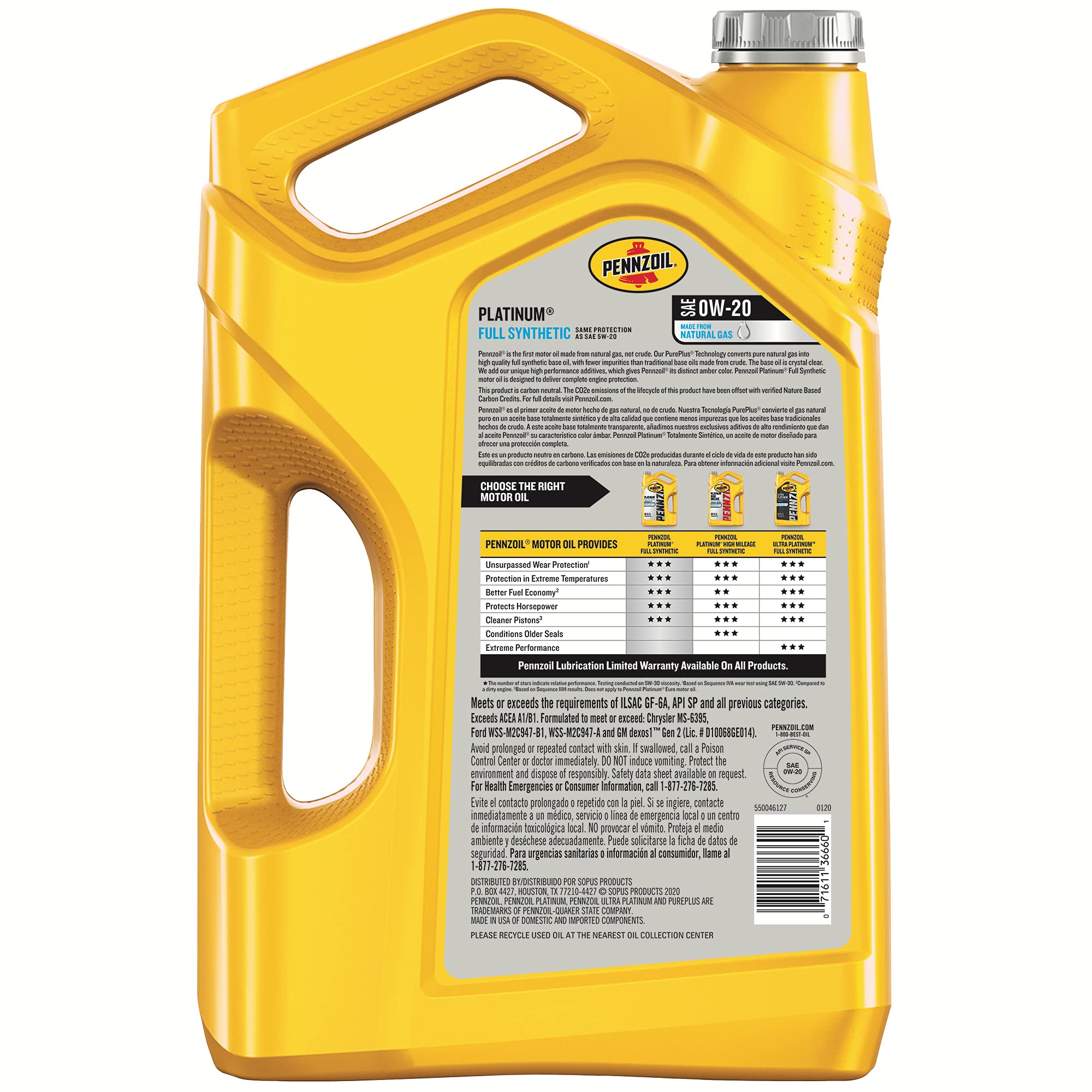 Pennzoil Platinum Full Synthetic 0W-20 Motor Oil (5-Quart, Pack of 1)