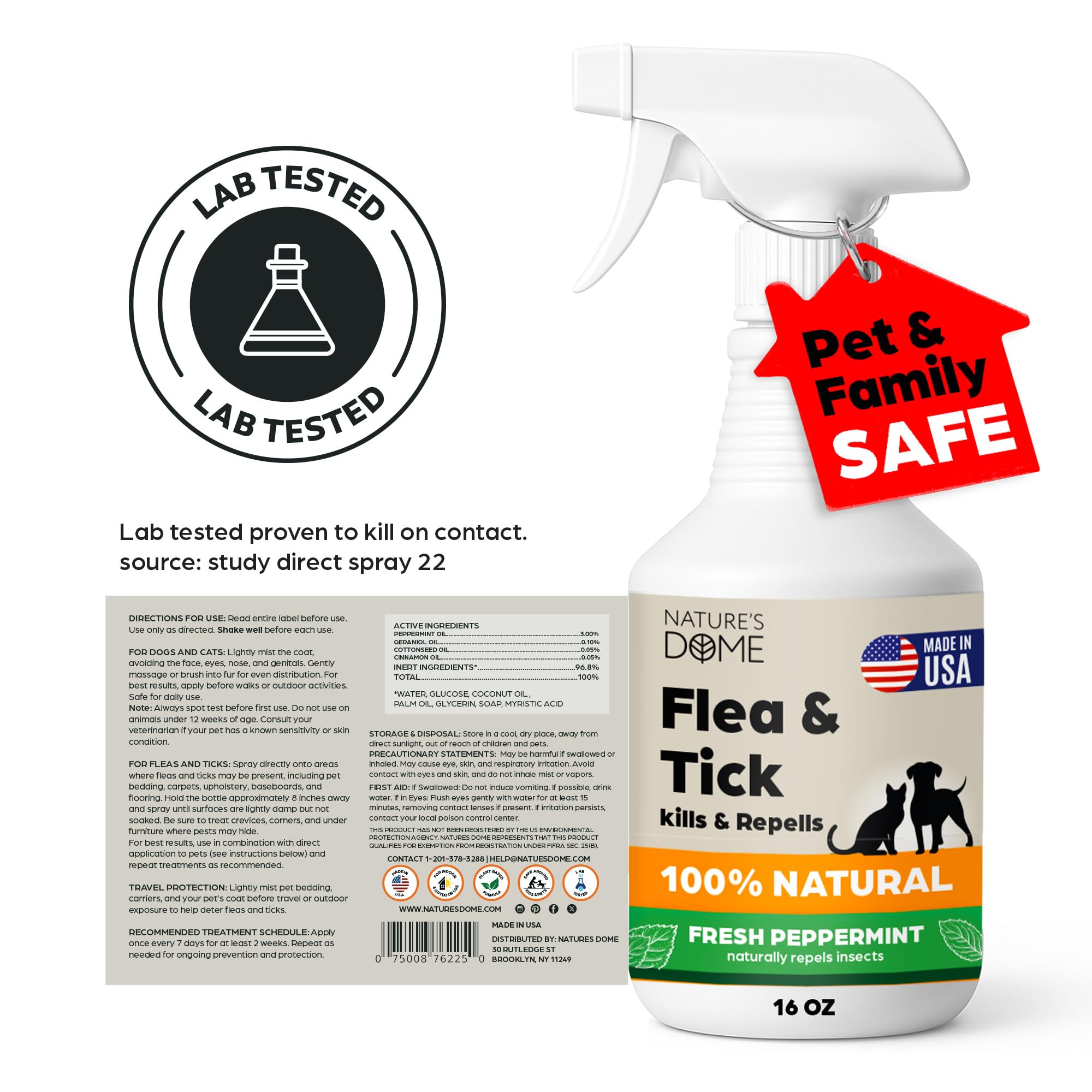 Nature’s Dome Peppermint Flea & Tick Spray – 16 oz – Kills & Repels Fleas, Ticks, Larvae & Eggs – Plant-Based Pest Control – Safe for Pets, Kids & Plants – Ready-to-Use