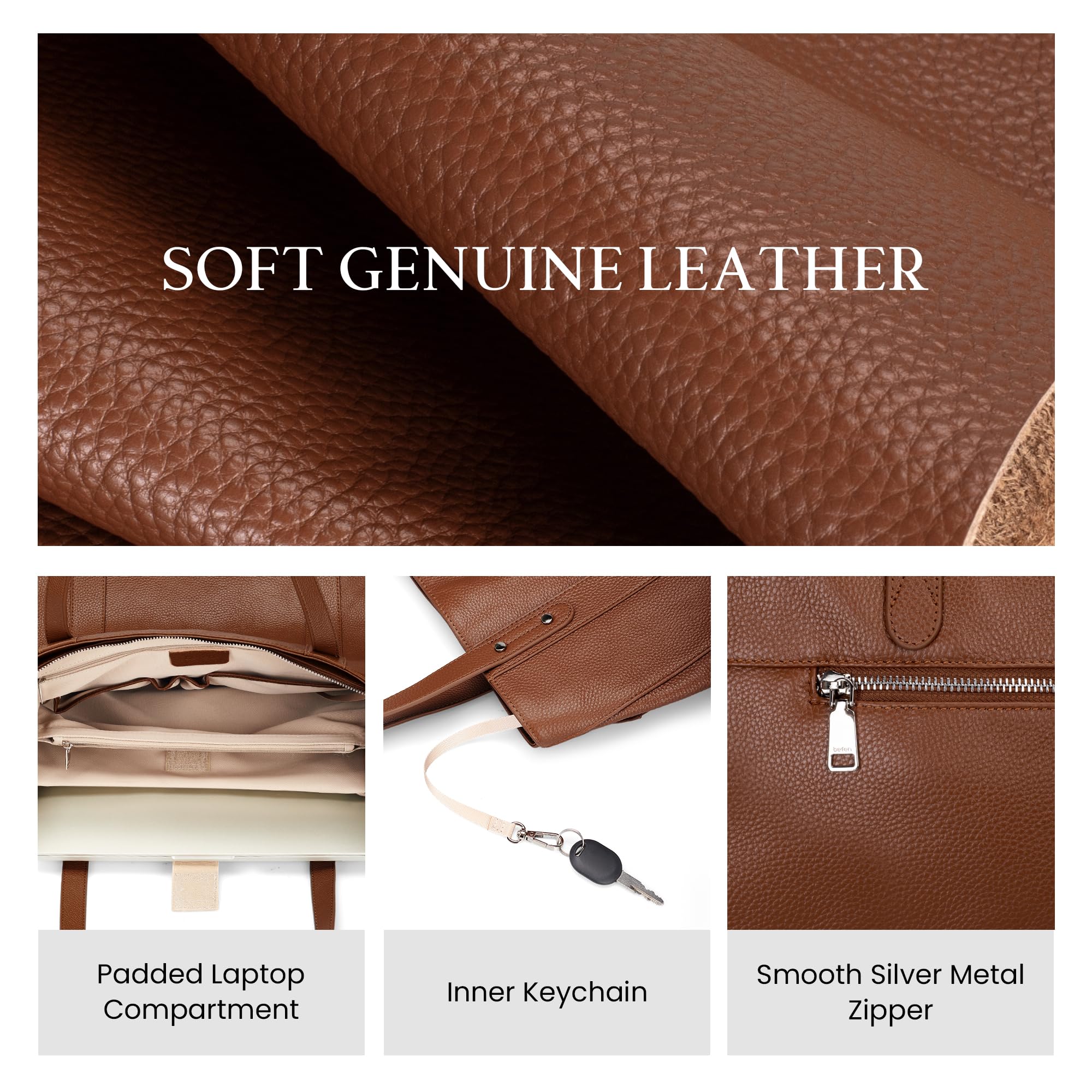 befen Genuine Leather Tote Bag for Women Work, Womens Totes Purse Shoulder Leather Purses Handbags with 15.6 Inch Compartment Cognac Brown