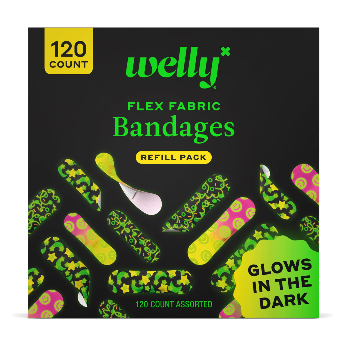 Welly Bandage Glow-in-The-Dark Refill Pack | Adhesive Flexible Fabric Bandages | Assorted Shapes and Patterns for Minor Cuts, Scrapes, and Wounds - 120 Count