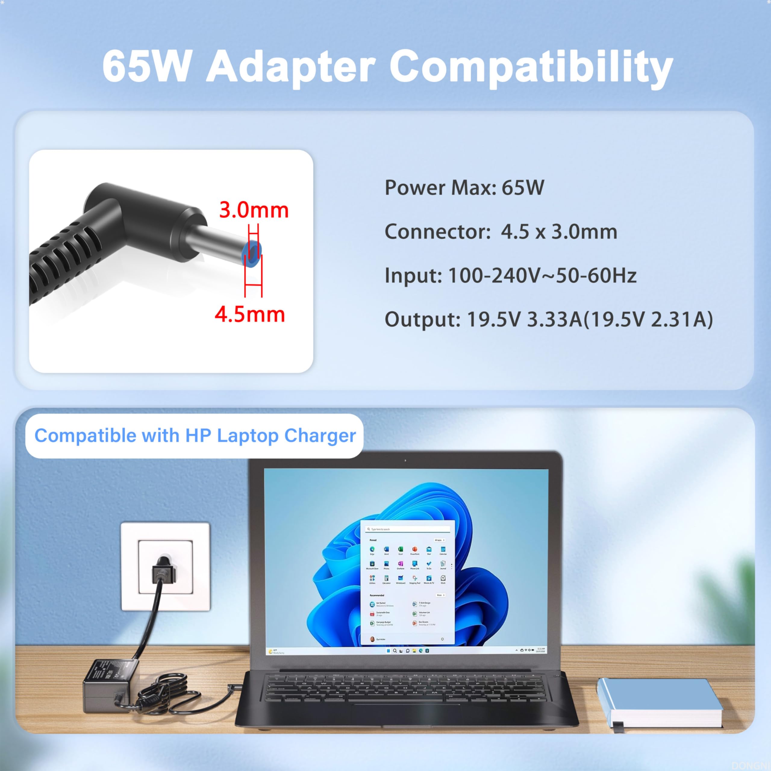 65W 19.5V 3.33A AC Adapter Charger Compatible with HP Pavilion x360 11 13 15 17, Envy X360 13 15, Zbook 14u G4 G5 15 G3, 15-f111dx 15-f211wm 15-f233wm 15-f278nr 15-r052nr Laptop Power Cord Blue Tip