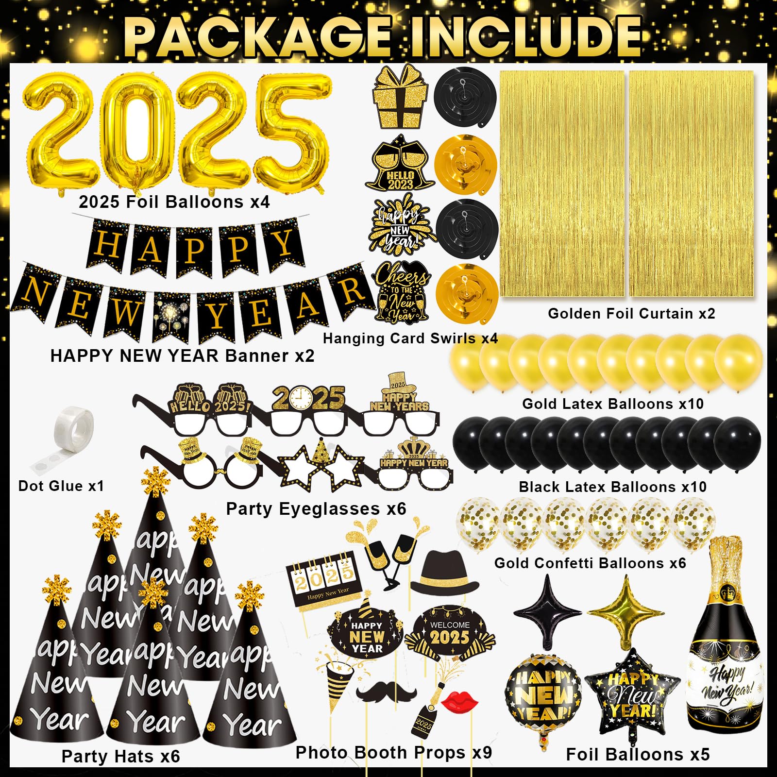 New Years Decorations 2025, New Years Eve Party Supplies 2025 Happy New Year Balloons 2025 NYE Party Kit with Cone Hats & Eyeglasses, Photo Props Happy New Year Banner Foil Curtain Hanging Swirls