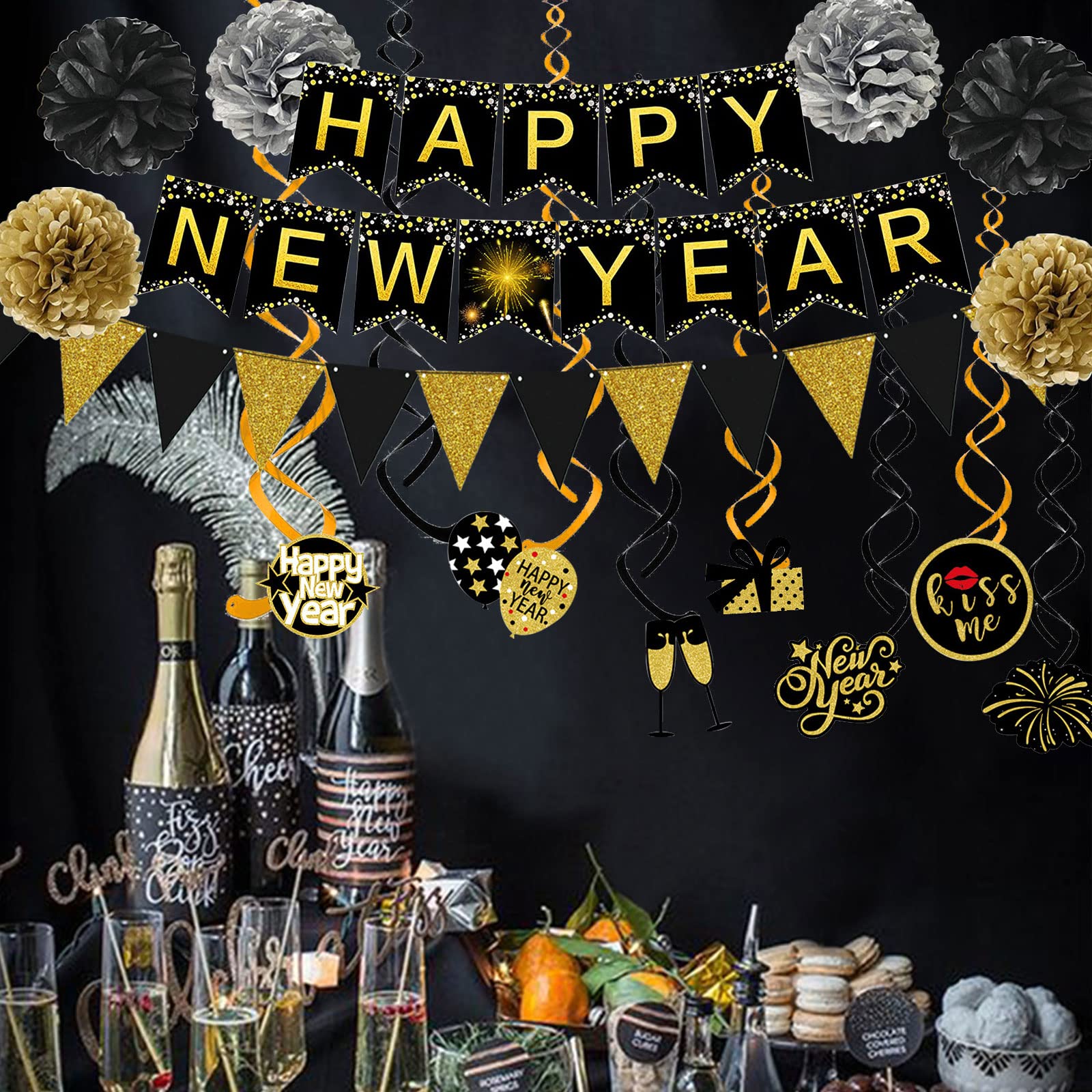 Famoby Happy New Year Banner Pom poms Triangle flag Swirls Garland Hanging Bunting for Happy New Year Party Decorations