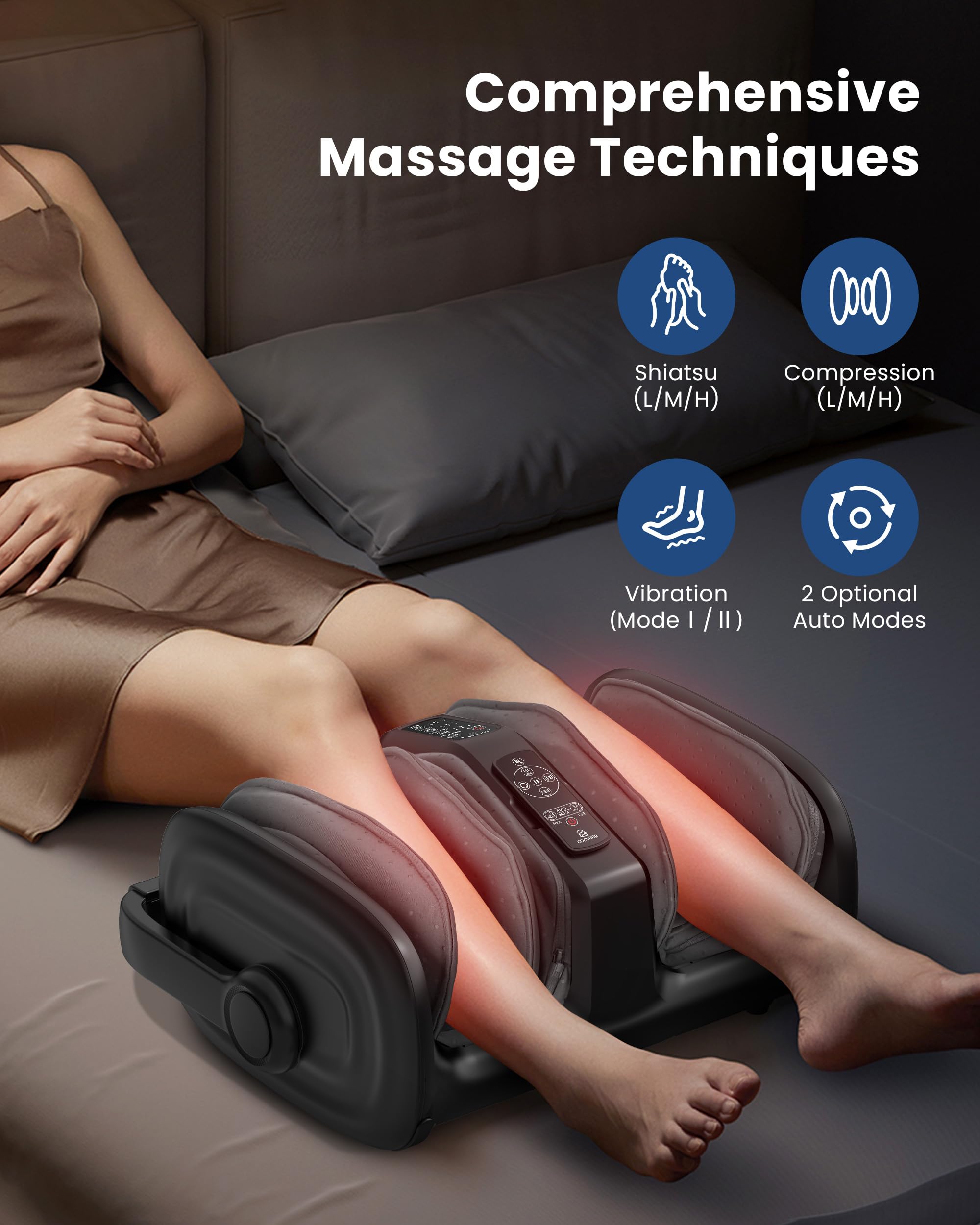 COMFIER Shiatsu Foot Calf Massager with Heat, Gifts for Women Men, Feet Massager for Plantar Fasciitis, Leg Massager, Kneading/Vibration/Compression Massage, Remote Control, Up to Size 14