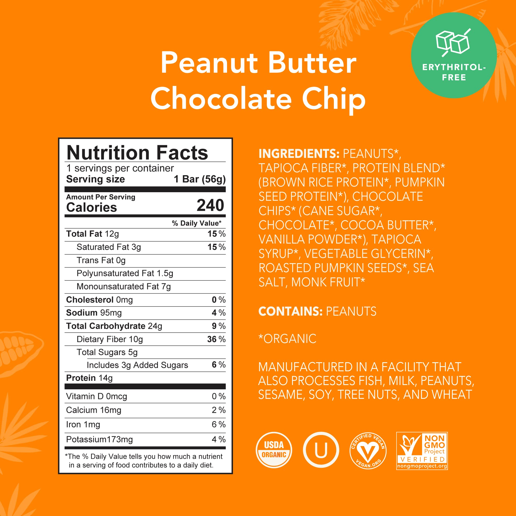 ALOHA Organic Plant Based Protein Bars |Peanut Butter Chocolate Chip | 1.98 Oz (Pack of 12) | Vegan, Low Sugar, Gluten Free, Paleo, Low Carb, Non-GMO, Stevia Free, Soy Free, No Sugar Alcohols