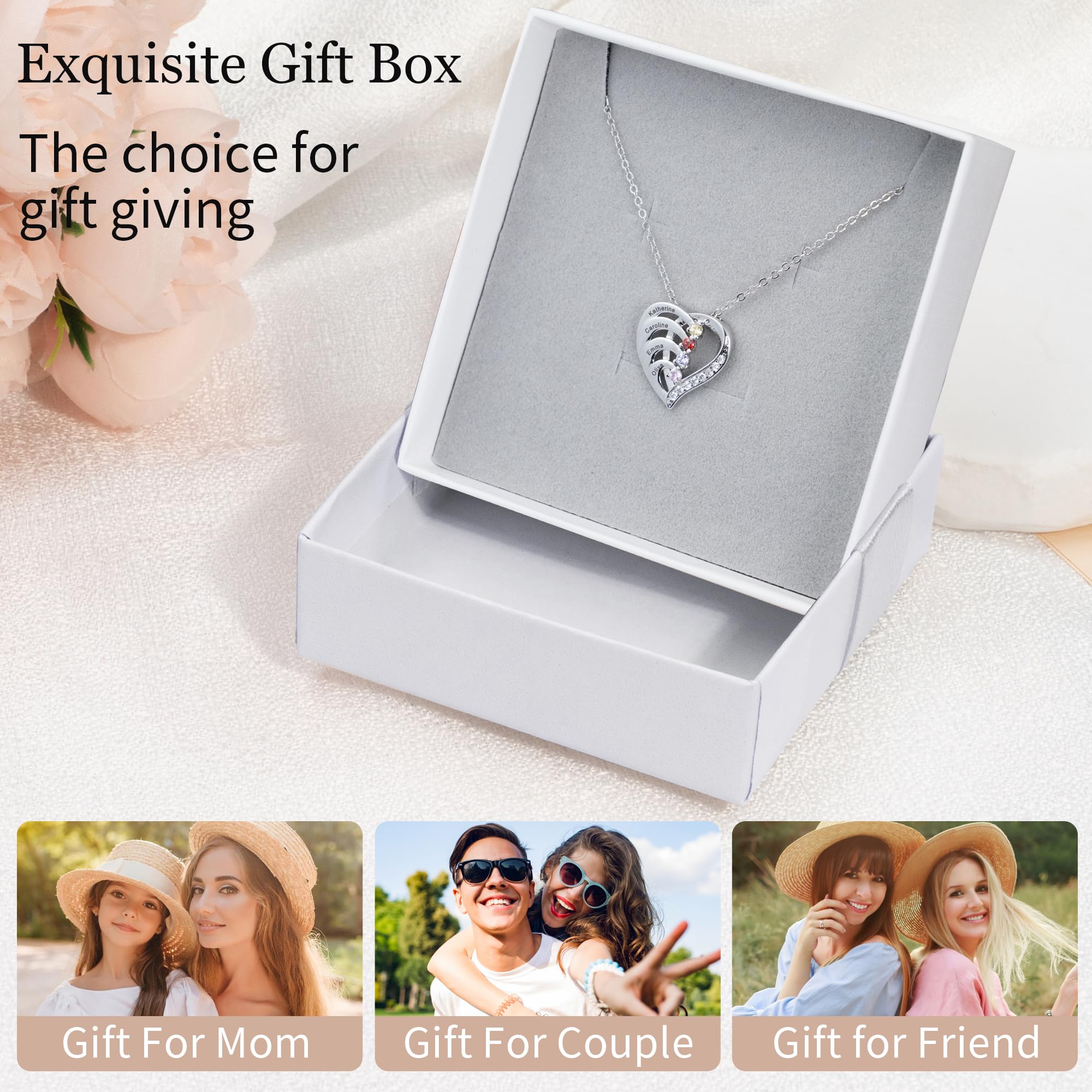 Easycosy Personalized 4 Names Necklace with Simulated Birthstones Custom Promise Necklace Heart Pendant with Engraved Names - Anniversary Birthday Christmas Jewelry Gifts for Women Mom Grandma Wife