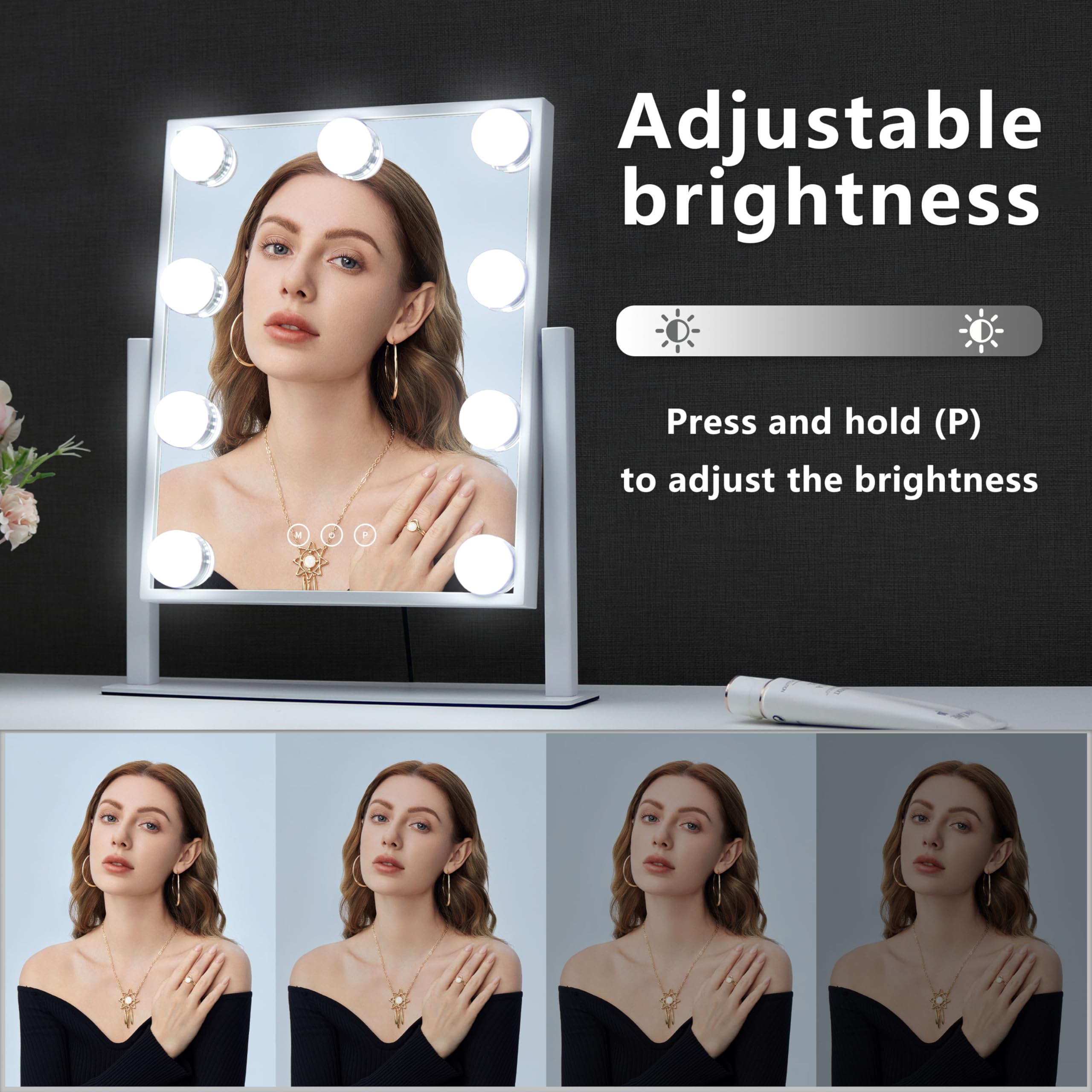 Vanity Mirror with Lights,Lighted Vanity Mirror with 9 Dimmable Bulbs for Dressing Room & Bedroom 3 Color Lighting Modes Detachable 10x Magnification 360°Ratation