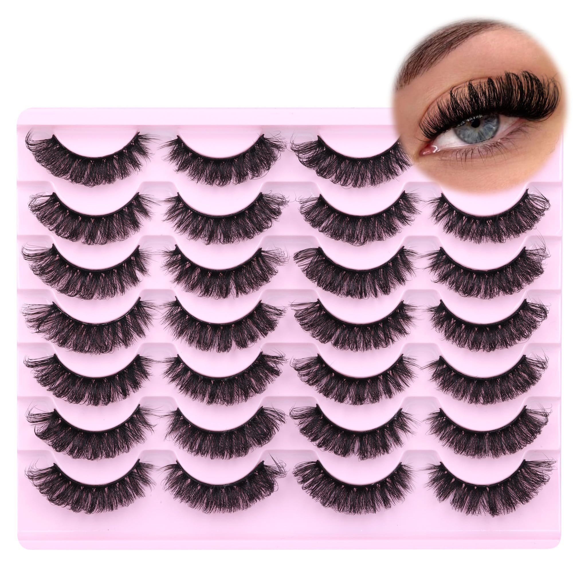 False Eyelashes Fluffy Russian Strip Lashes D Curl Fake Eyelashes Extension Wispy Cat Eye Lashes Handmade Soft Reusable 14 Pairs Lashes Pack