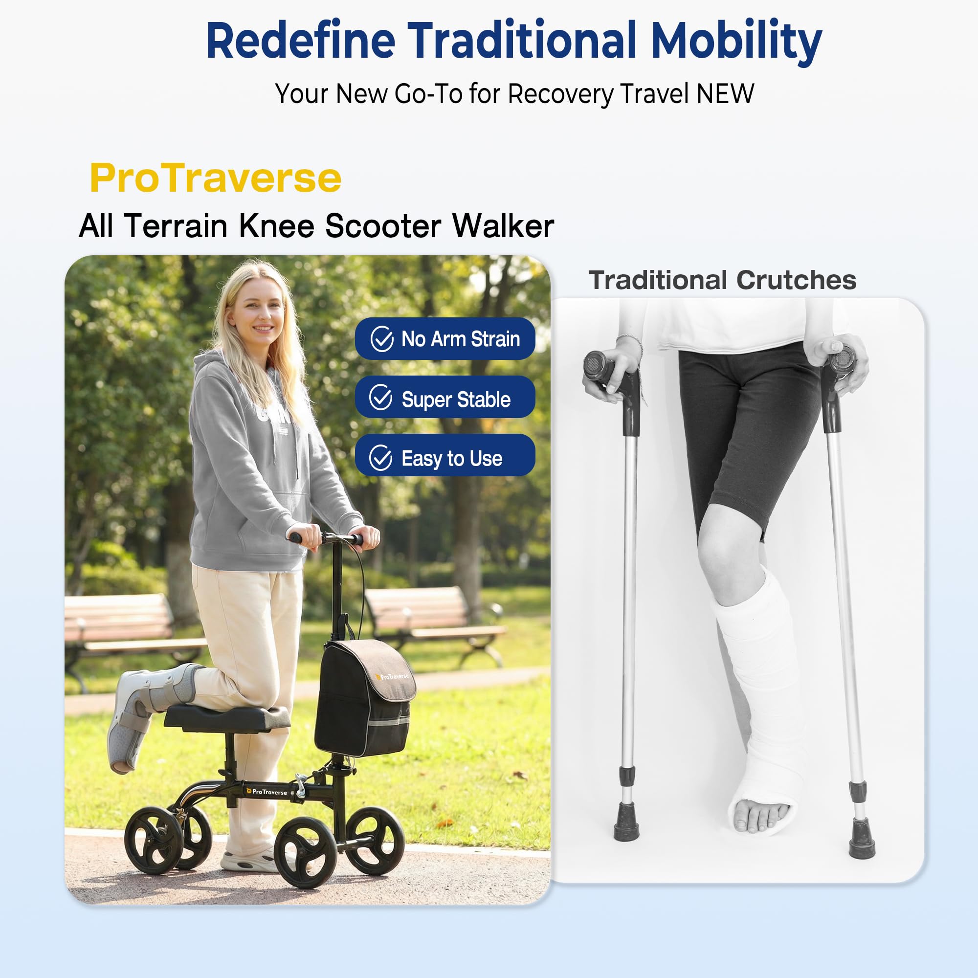 ProTraverse Knee Scooter for Adults, Foldable & Steerable Knee Walker with Comfort Knee Pad, Crutch Alternative for Adults，Medical Mobility Aid for Foot Surgery, Broken Foot & Ankle Injury,Black