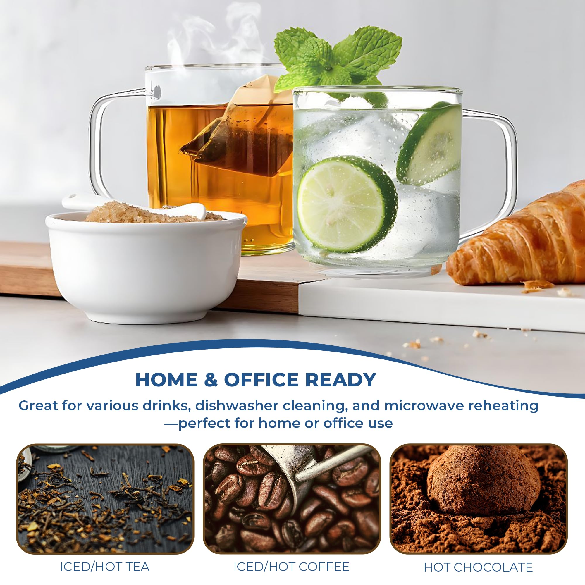Aquach 22oz Large Clear Glass Coffee Mugs Set of 2 - Serve as General Drinking Glasses for Water, Coffee, Tea, and Juice