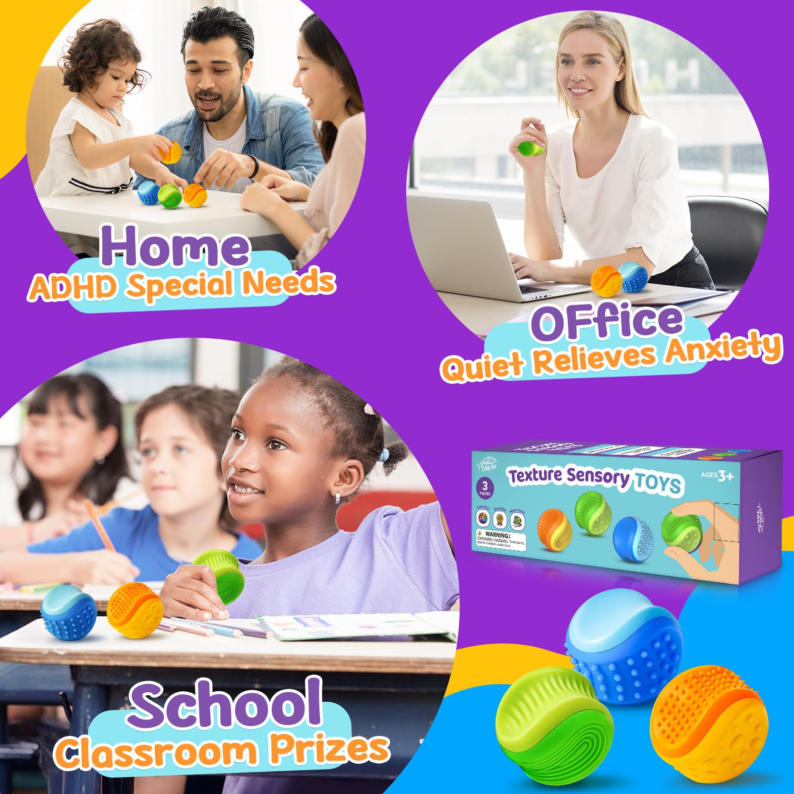 Fidget Toys Stress Ball for Kids Adult: 3 Pack Double Sided Textured Sensory Toys for Autism Kids Calming - Quiet Stress Fidget Ball for Student Classroom, Adult Office - Easter Basket for Kid