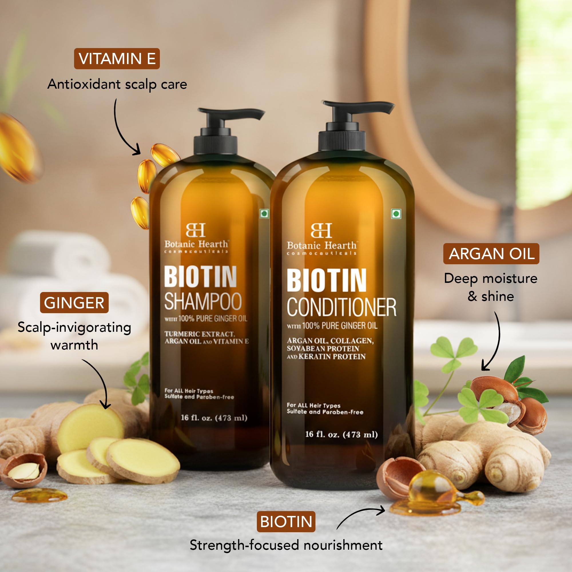 Botanic Hearth Biotin Shampoo and Conditioner Set - with Ginger Oil & Keratin for Hair Loss and Thinning Hair for Men and Women - Sulfate Free, 16 fl oz each