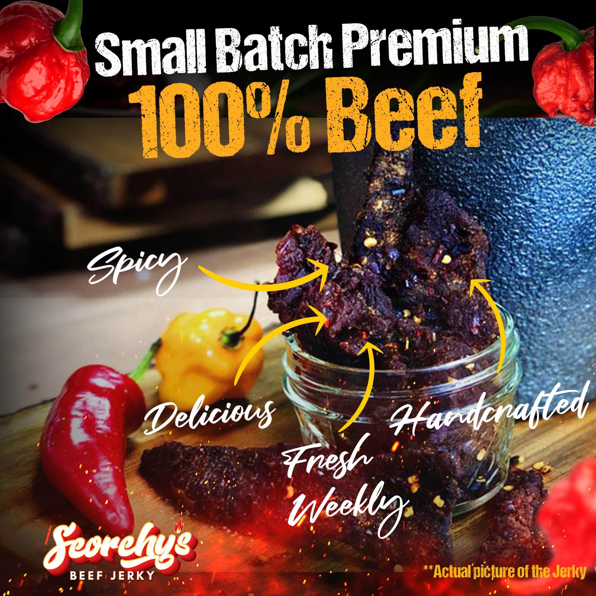 Scorchy's Jerky - Carolina Reaper Beef Jerky - Hand-Crafted Small Batch Jerky - Spicy High Protein Snack | Low Calorie and Low Fat - 30z - 1 pack