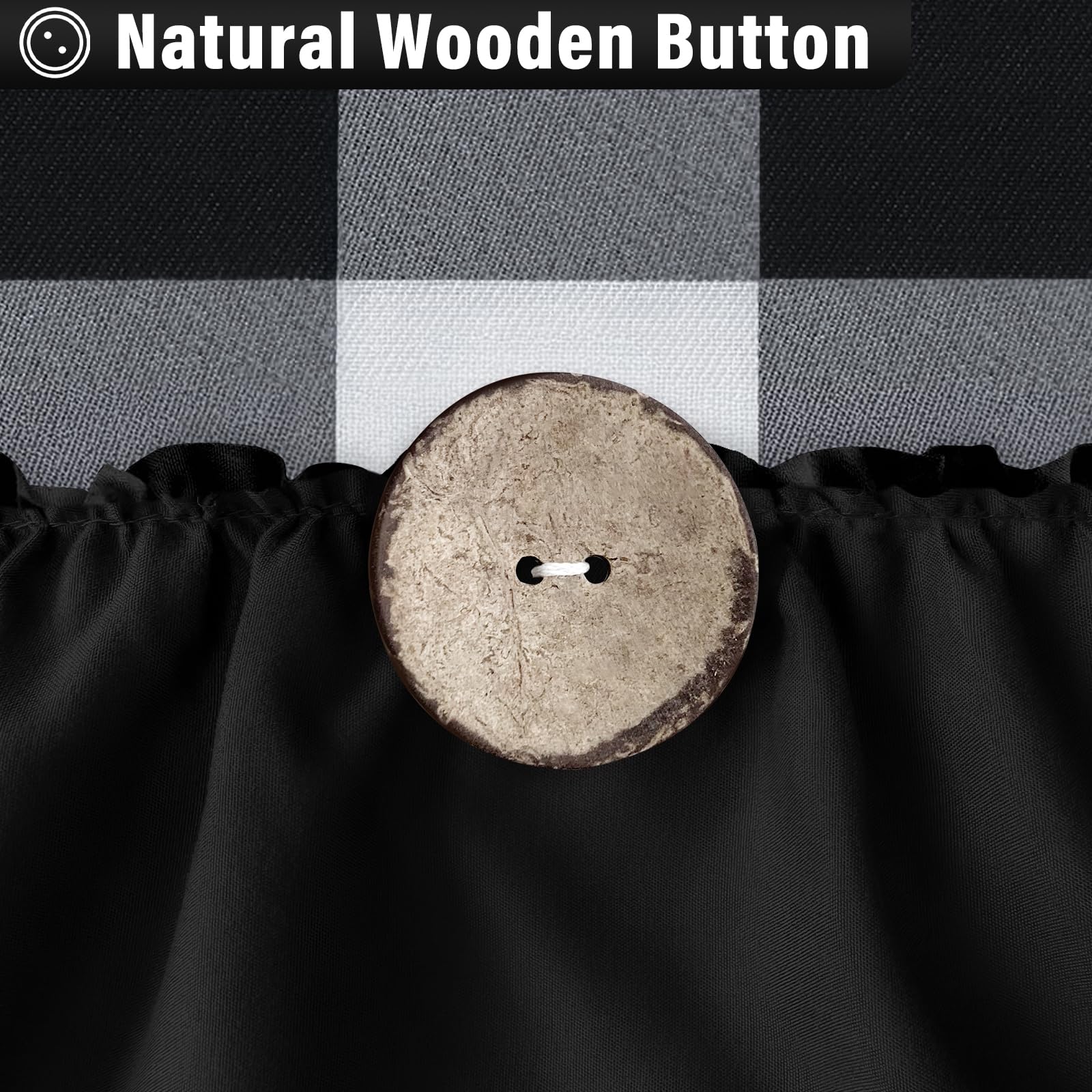 Seasonwood Black Farmhouse Shower Curtain Set with 12 Hooks 72 X 72inch Black and White Buffalo Plaid Pattern Fabric Shower Curtains with Buttons & Black Ruffles for Bathroom Bathtubs Decor