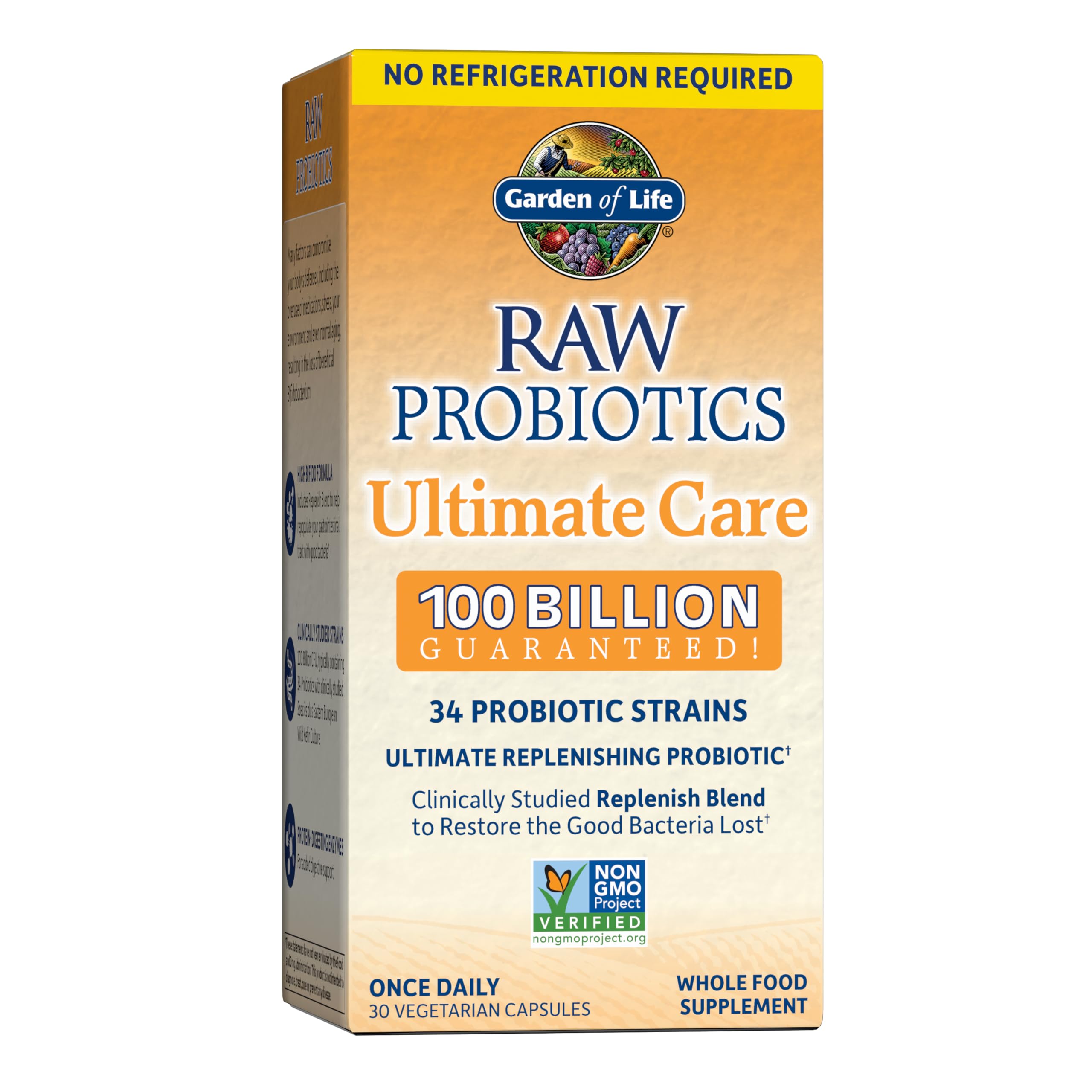 Garden of Life Raw Probiotics for Women and Men with Digestive Enzymes, 100 Billion CFU, Clinically Studied Strains, Shelf Stable, 30 Capsules