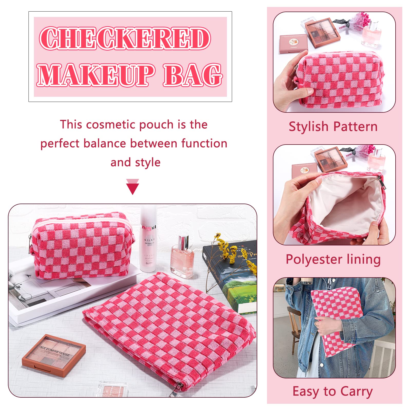 ZLFSRQ 2Pcs Checkered Makeup Bag for Women Large Cosmetic Bag Set Travel Toiletry Bag Makeup Pouch Bag for Purse Pink Zipper Storage Bag Organizer Cute Small Aesthetic Girls Car Essentials Bag