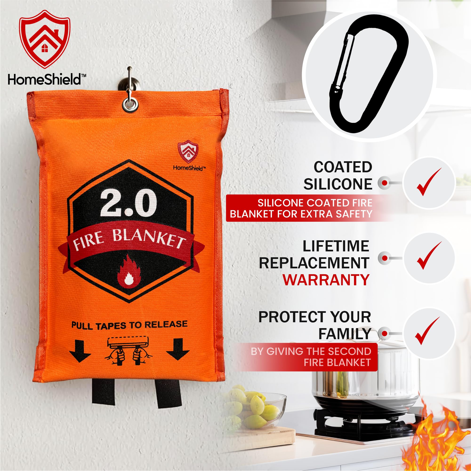 HomeShield 2.0 Silicone Fire Blanket Emergency for Home - Improved Silicone Coated Fiberglass for Hands Safety - Fire Retardant Handle - 1 Pack - 40” x 40” White