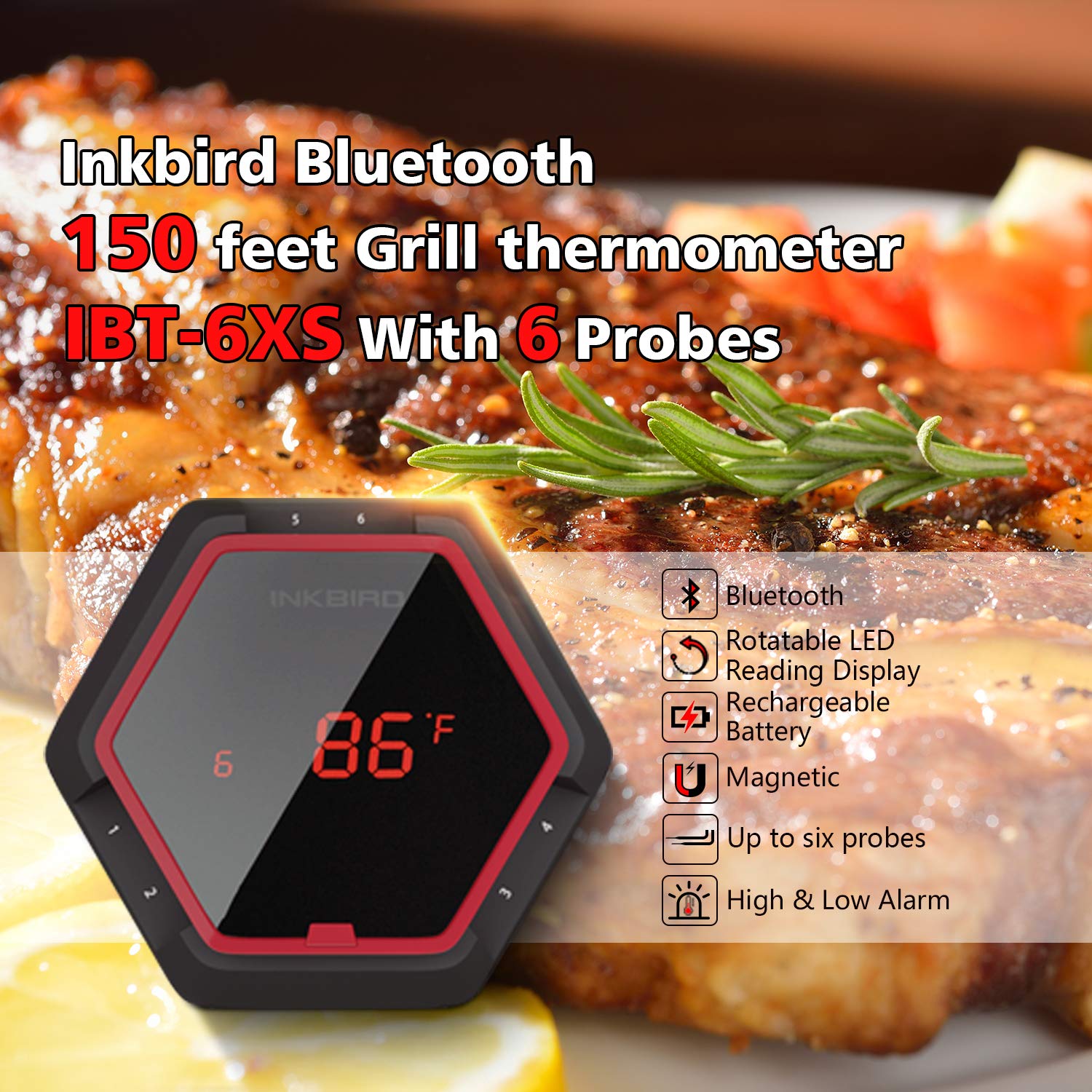 Inkbird Grill Bluetooth BBQ Thermometer Wireless IBT-6XS, 6 Probes Digital Smoker Grill Thermometer for Cooking,150ft Bluetooth Meat Thermometer, Magnet, Timer, Alarm for Kitchen, Food (Red)