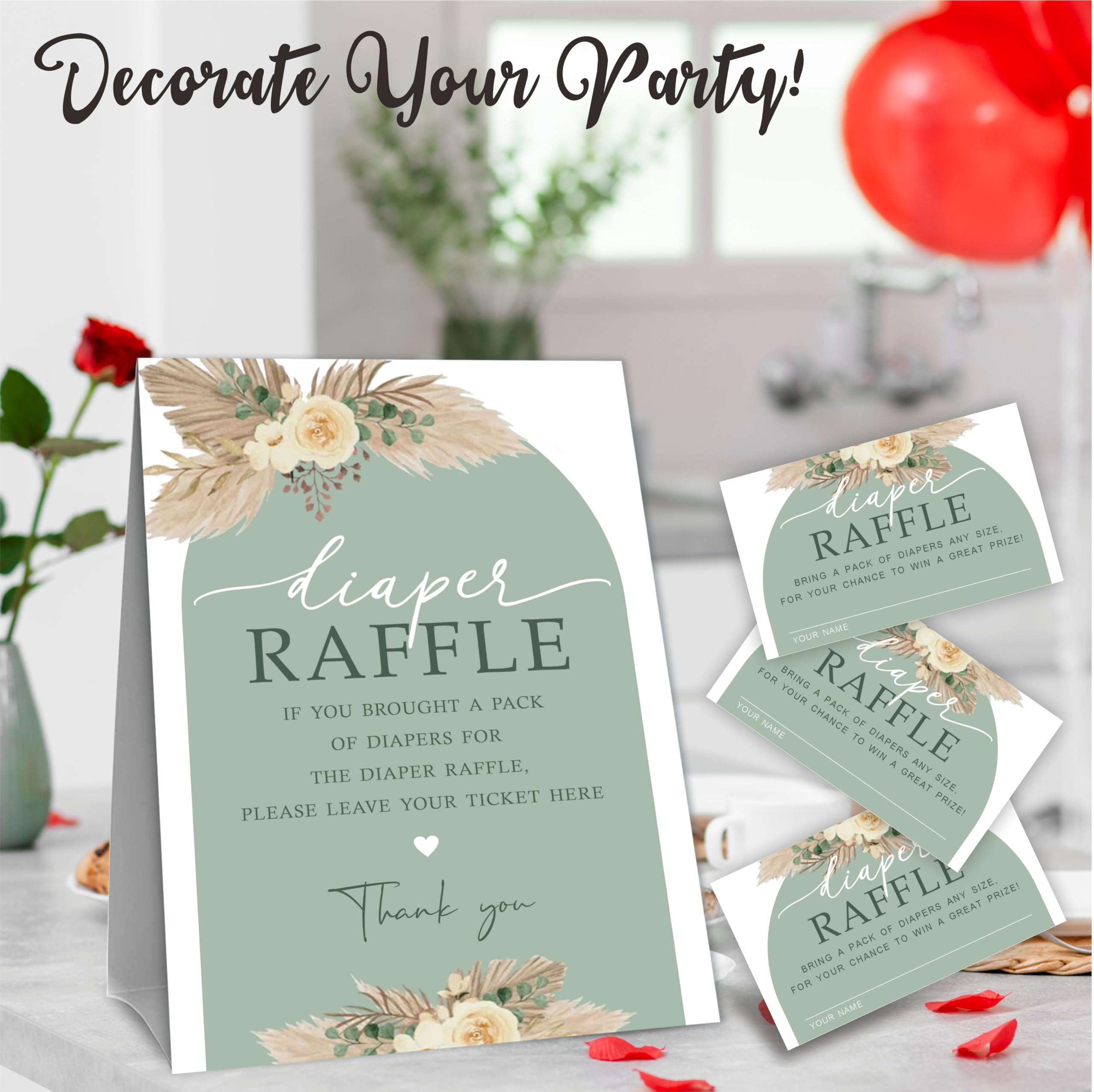 Diaper Raffle Game Kit For Baby shower, 50 Boho Arch Floral Tickets & 1 Standing Sign, Decoration For Baby Shower, Gender Reveal, Activity Supplies - A02