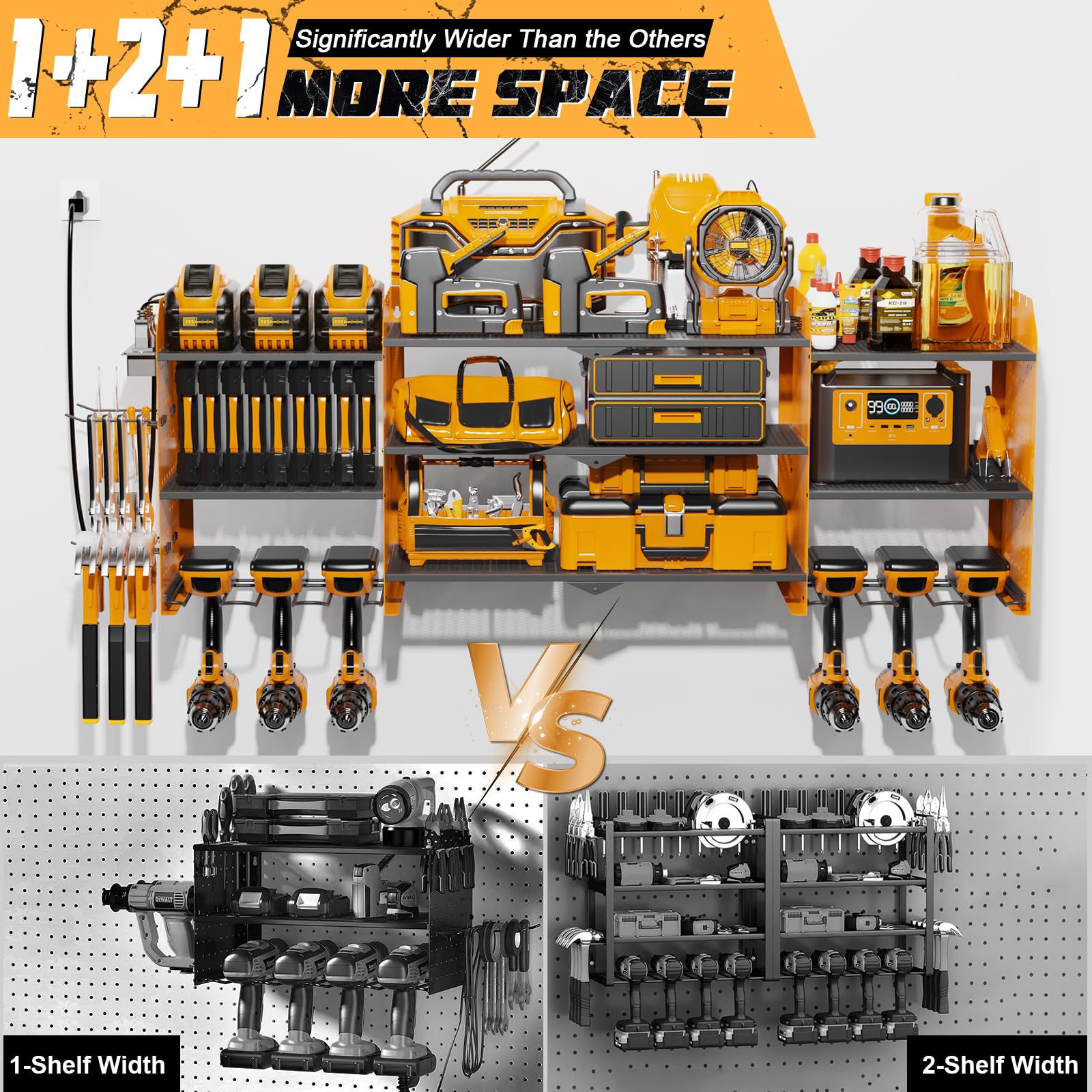 Xankzi Power Tool Organizer with Charging Station, 45.5" Garage Organization Wall Mounted, 3 Layers Electric Cordless Drill Holder with Outlet Power Strips, Garage Tool Storage for Impact Wrenches