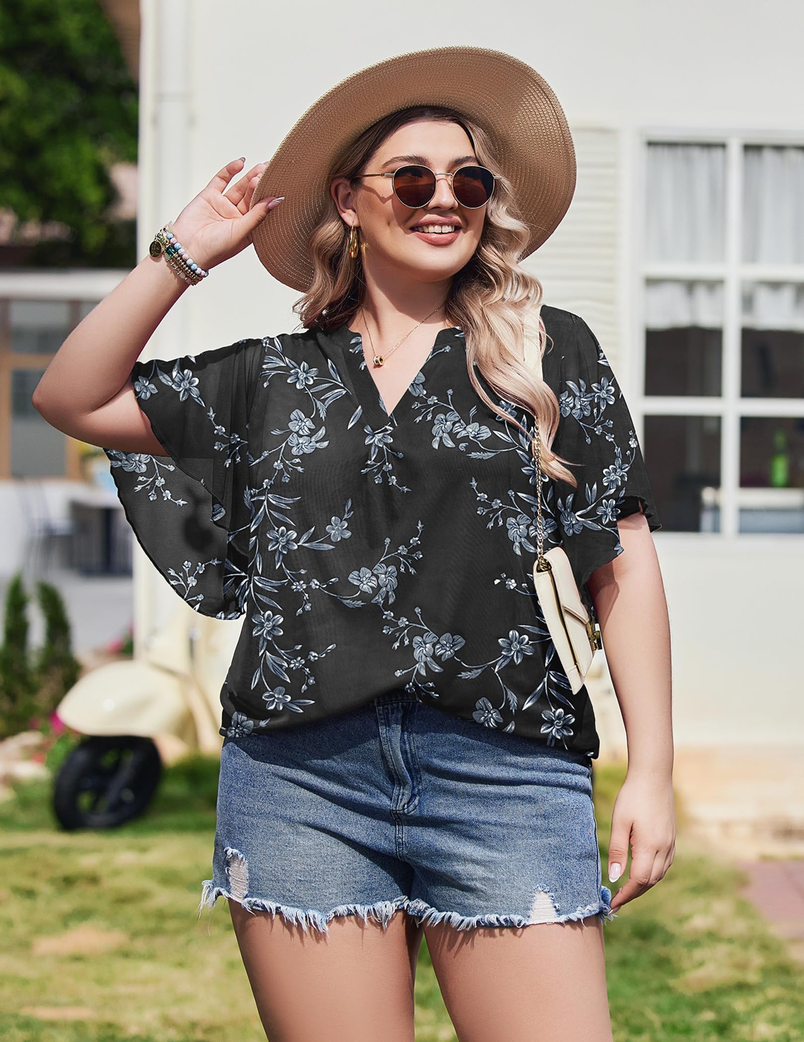 IN'VOLAND Women's Plus Size Blouses Short Sleeve Floral Double Layers Mesh V Neck Tunic Tops Dressy Flowy Stretchy Shirts Black 24W