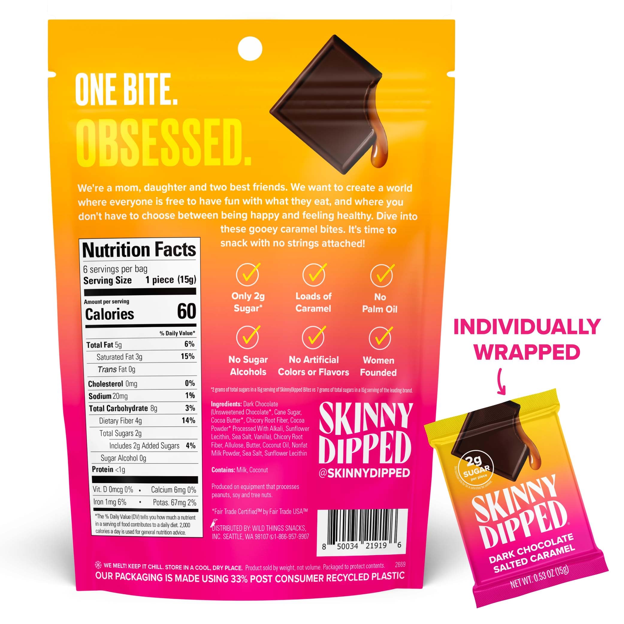 SkinnyDipped Dark Chocolate Salted Caramel Bites, 2g Sugar per Piece, Keto Friendly, No Palm Oil, Gluten Free, 4 Pack