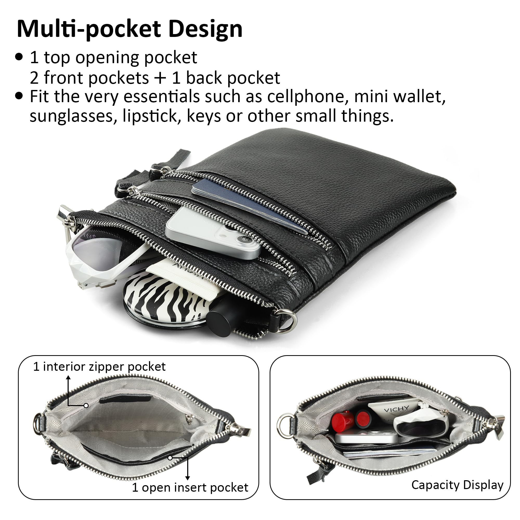 befen Small Black Genuine Leather Crossbody Purses for Women Trendy, Mini Shoulder Cross Body Bags Tripple Zipper Pouch Purse Travel - Fit iPhone 14 Pro Max