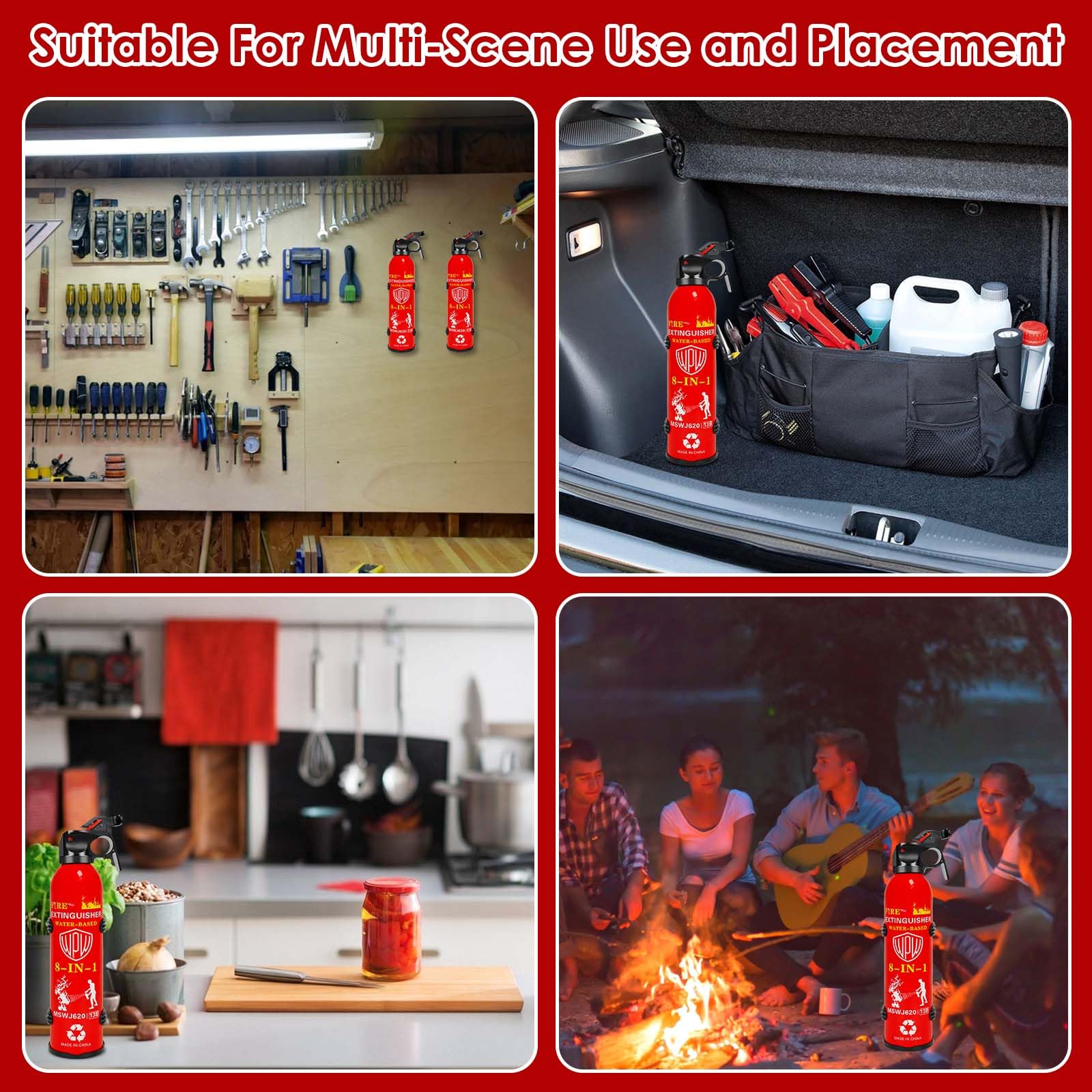 WPW Upgraded 8-in-1 Fire Extinguisher for Home with Wall Mount 620ml Portable Fire Extinguisher For Vehicle Car Boat House Kitchen Emergency Supplies, Water-Based Solution For A, B, C, K Fire (4 Pack)