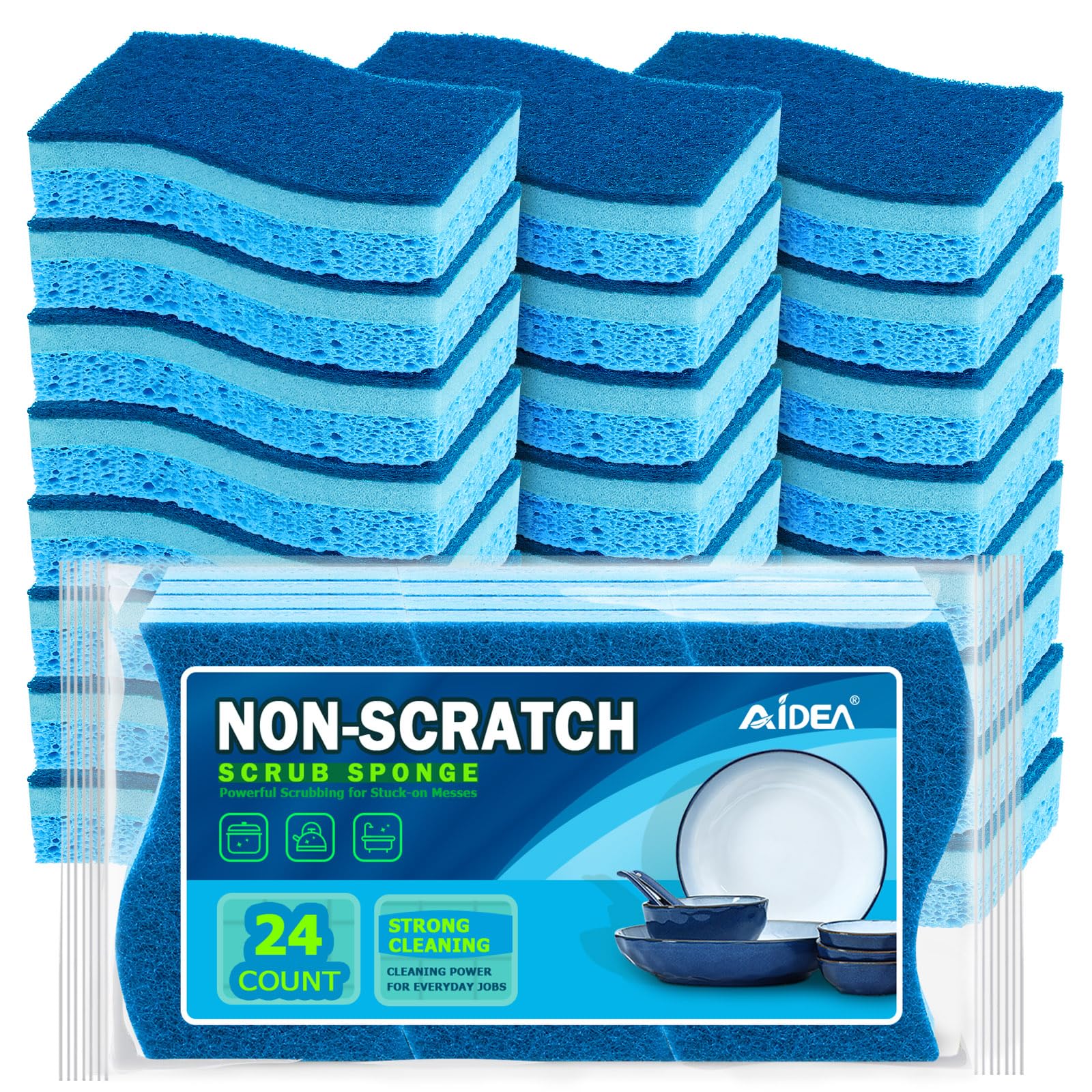 AIDEA Sponges Kitchen, Non-Scratch Scrub Sponges, 24Count, Sponges for Non-Stick Cookware, Kitchen Sponges for Dishes, Cleans Fast Without Scratching, Cleaning Sponge for Kitchen, Bathroom, Household