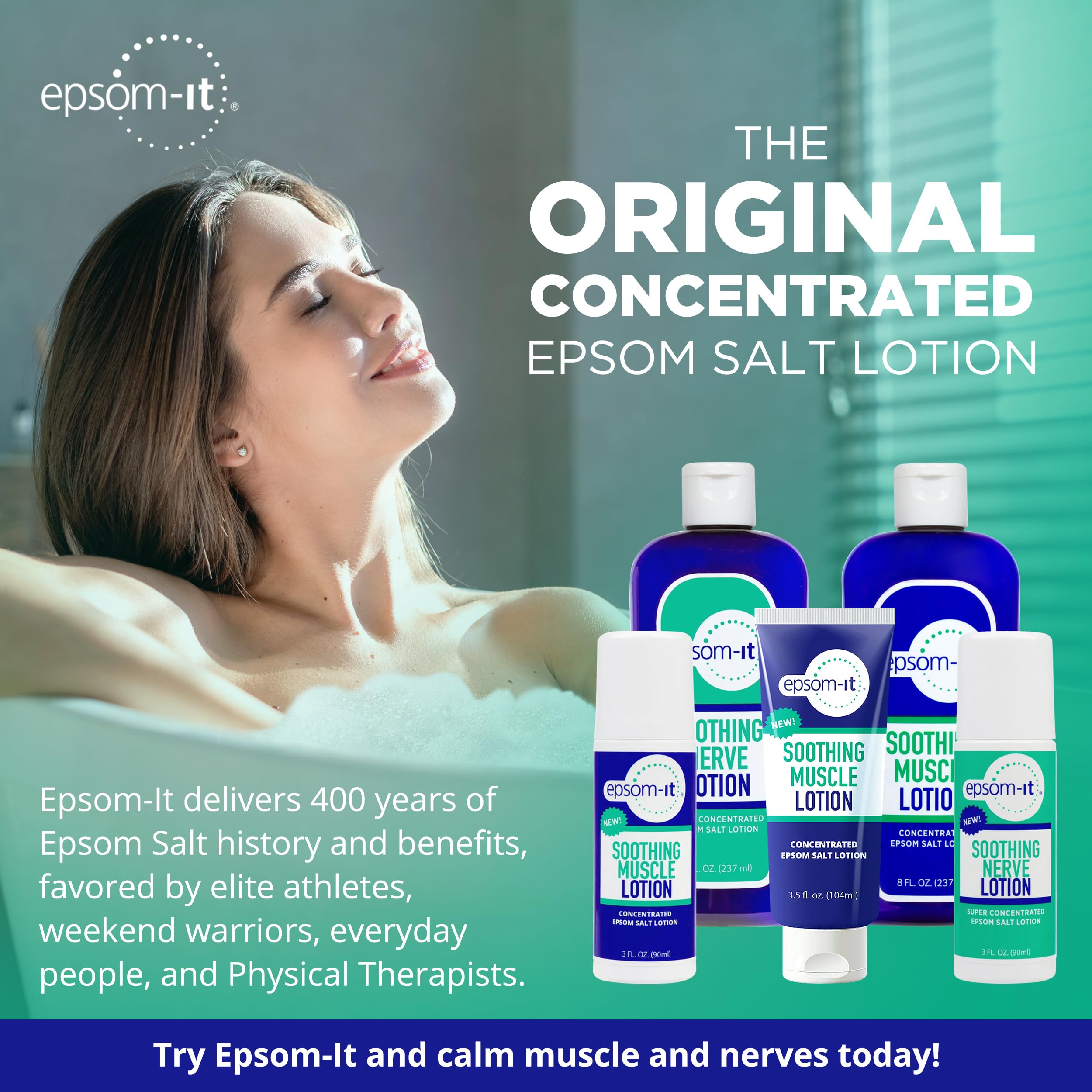 Epsom-It Soothing Muscle Lotion - Roll On Epsom Salt Lotion with Arnica for Muscle Aches and Stiffness, Leg Cramps, Knees and Tired, Achy Feet, Topical Magnesium Cream, 3oz.