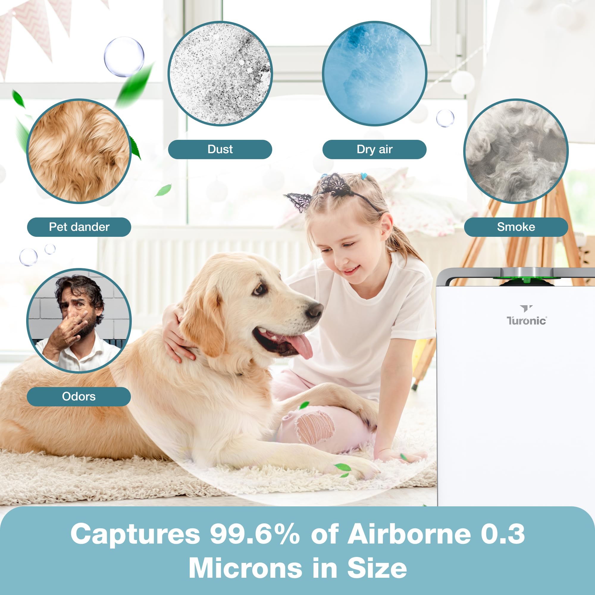 Turonic PH950 - Air Purifier And Humidifier Combo, up to 4200 Sq Ft Large Room Air Cleaner For Home, True Hepa 13 Filter, for Pet Hair, Smells, Pollen, Smoke in Office, Bedroom, Living Room, Basement