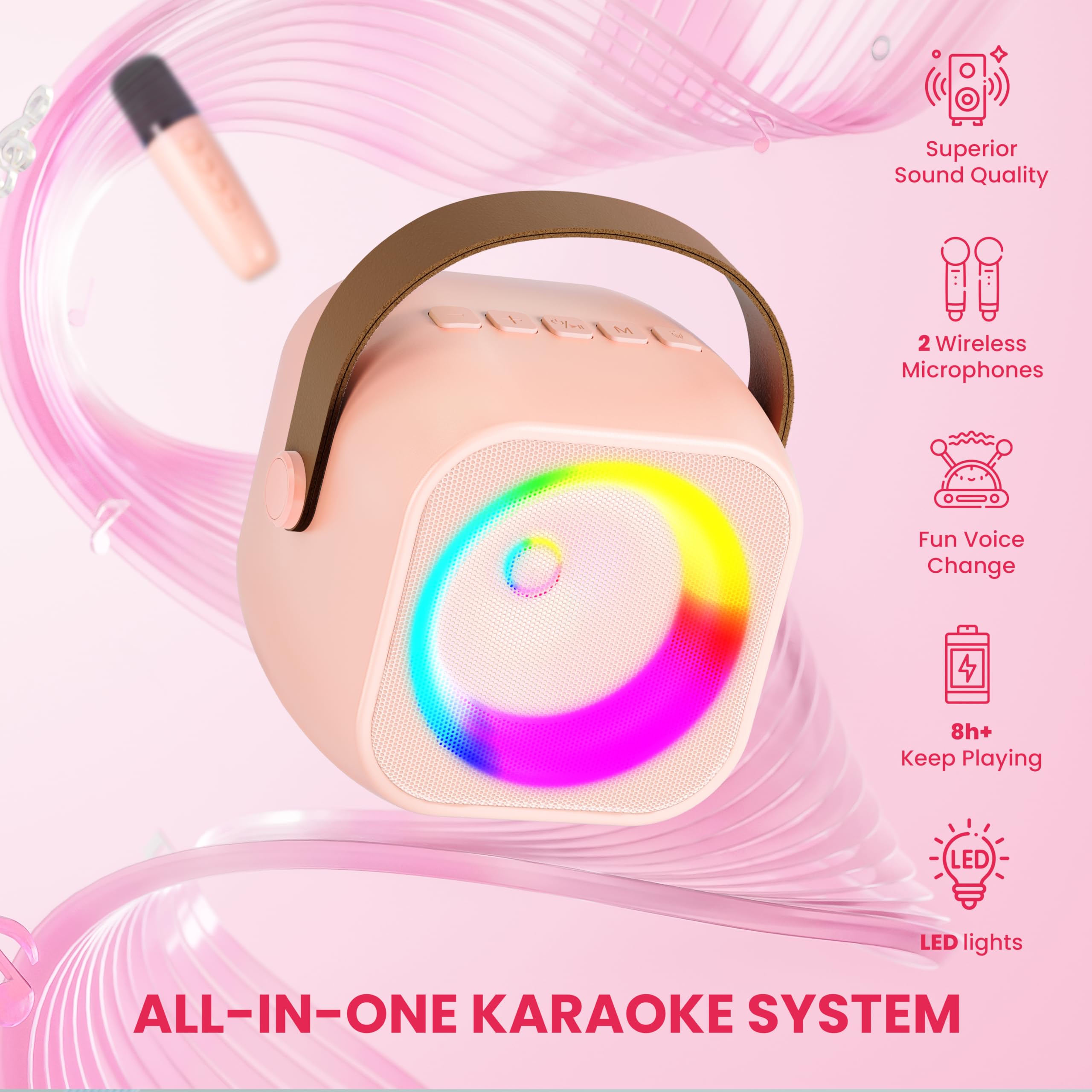 Mini Karaoke Machine for Kids Adults, Portable Bluetooth Speaker with Wireless Microphone, for Girls 4, 5, 6, 7, 8, 9, 10, 12 Year Old Karaoke Toys Birthday Gifts Home Party