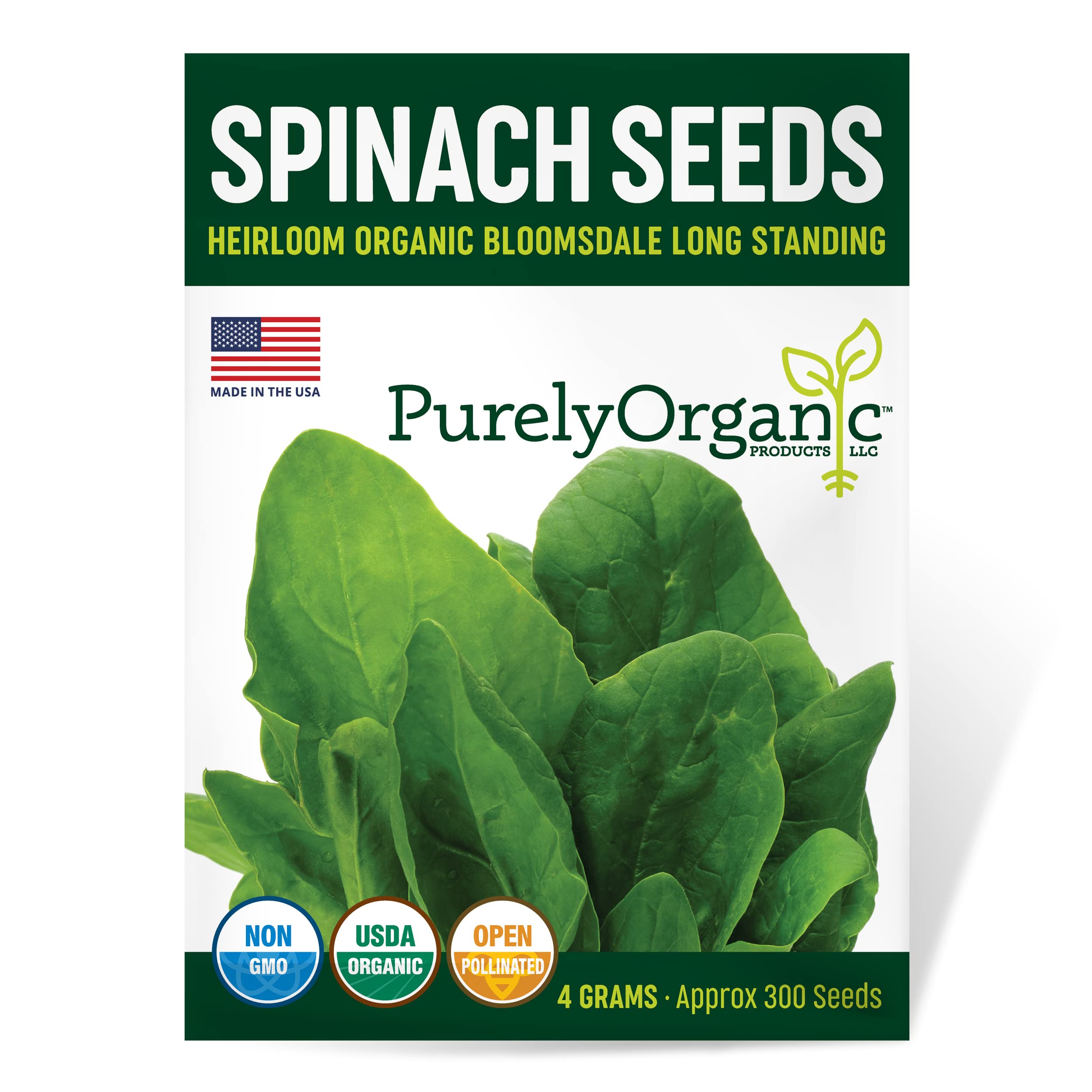 Organic Spinach Seeds (Bloomsdale Long Standing) - Approx 300 Seeds - USDA Organic, Non-GMO, Open Pollinated, Heirloom, USA Origin