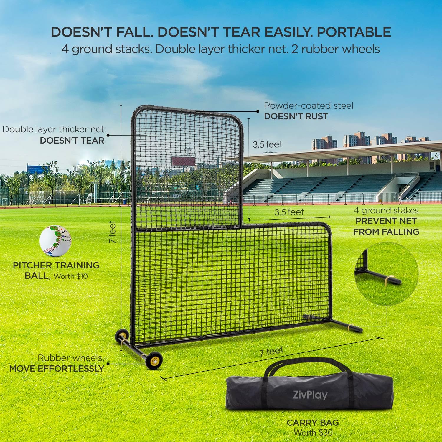 L Screen Baseball for Batting Cage Pitching Screen Portable 7x7 ft Protector Net with Rubber Wheels and Training Ball