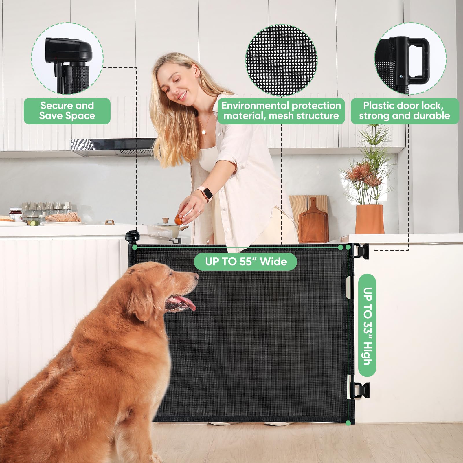 Likzest Retractable Baby Gate, Mesh Baby and Pet Gate 33" Tall, Extends up to 55" Wide, Child Safety Baby Gates for Stairs Doorways Hallways, Dog Gate Cat Gate for Indoor and Outdoor (Black)