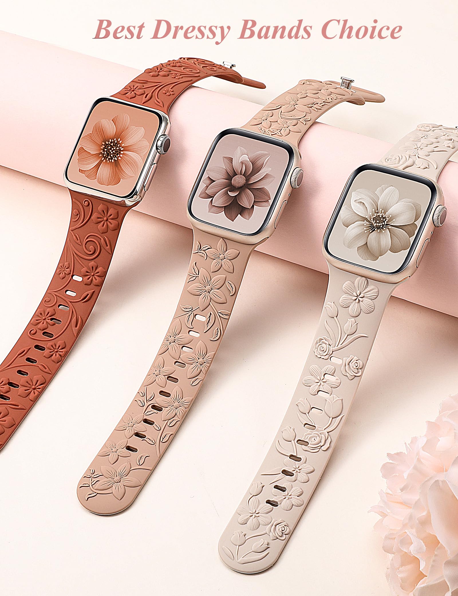 TOYOUTHS 3 Pack 3D Floral Engraved Bands Compatible with Apple Watch Bands 42mm 41mm 40mm 38mm Women, Soft Silicone Embossed Cute Flower Dressy Fancy Straps for iWatch Series 10/9/SE/8/7/6/5/4/3/2/1