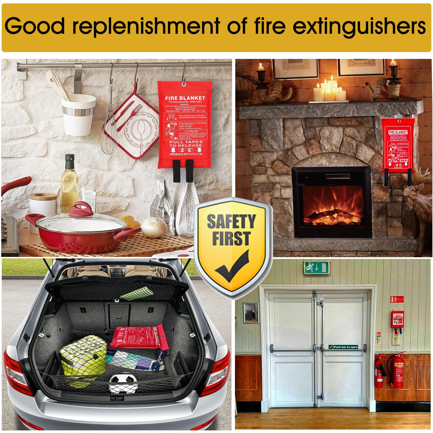 KITOSUN Fire Blanket for Kitchen Home Emergency - Fiberglass Blankets Fire Survival Suspension Flames Retardant Extinguisher Great for Stove Car Garage Office Camping Caravan BBQ Safety (4-Pack)