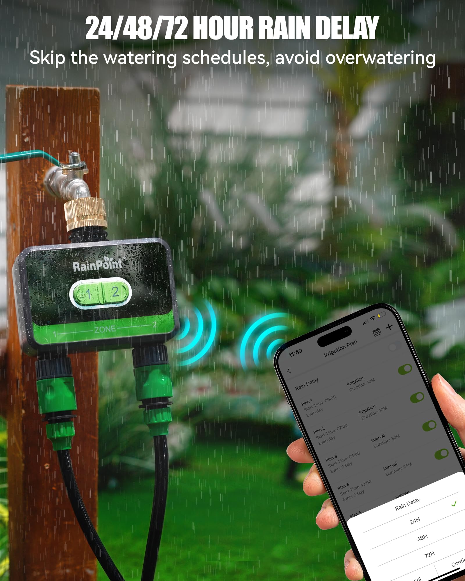 RAINPOINT Smart Water Timer for Garden Hose-Timer Only, WIFI Sprinkler Timer 2 Outlet（2.4Ghz WIFI）, Smart Hose Timer with Rain Delay, Smart+ APP Control, Automatic Irrigation System for Lawns and Yard