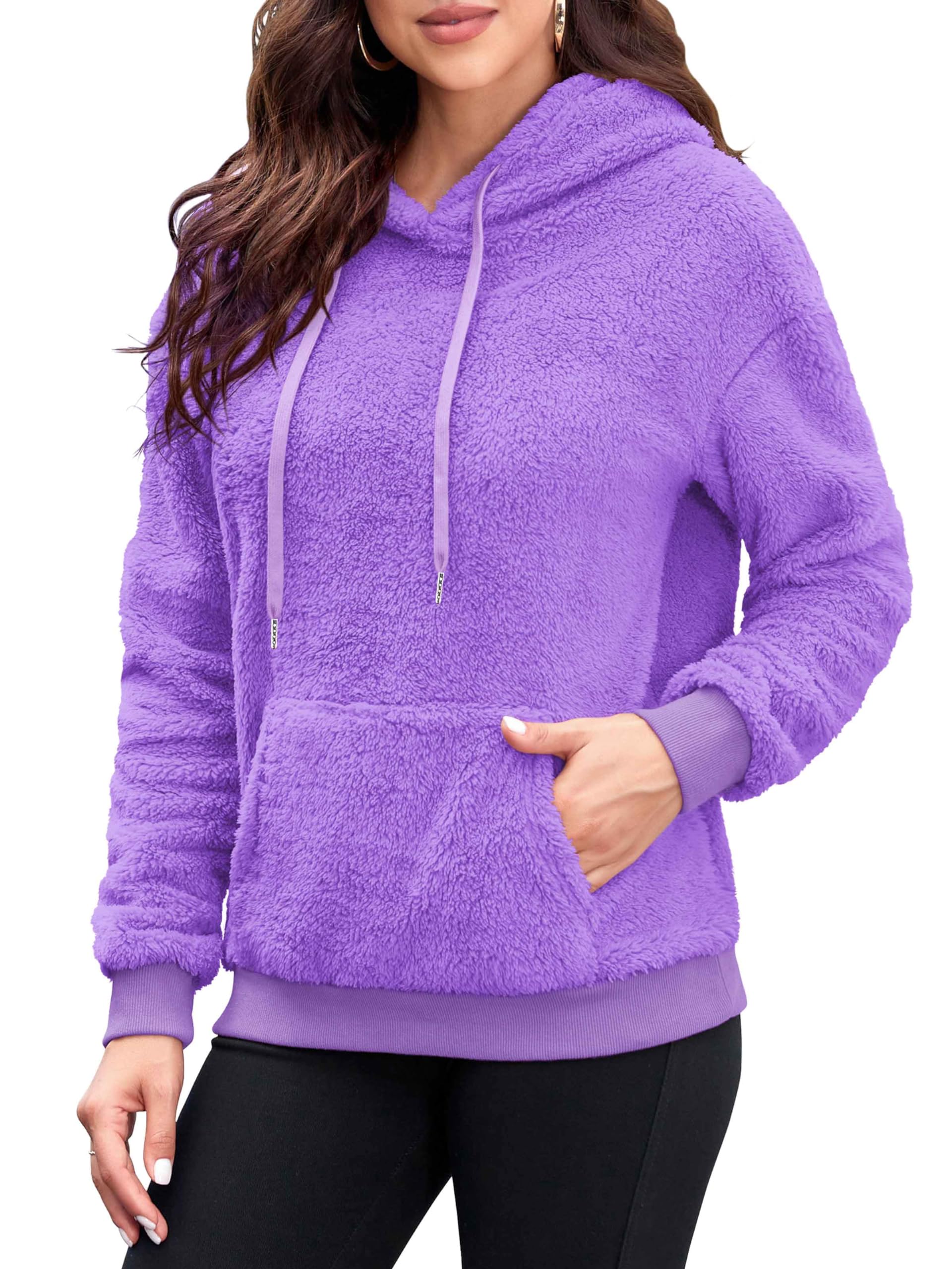 Neineiwu Womens Plus Size Hoodies Cozy Soft Warm Winter Casual Solid Fuzzy Sweatshirt Sherpa Pullovers Outerwear Fashion Hooded with Pockets (Purple XXL)