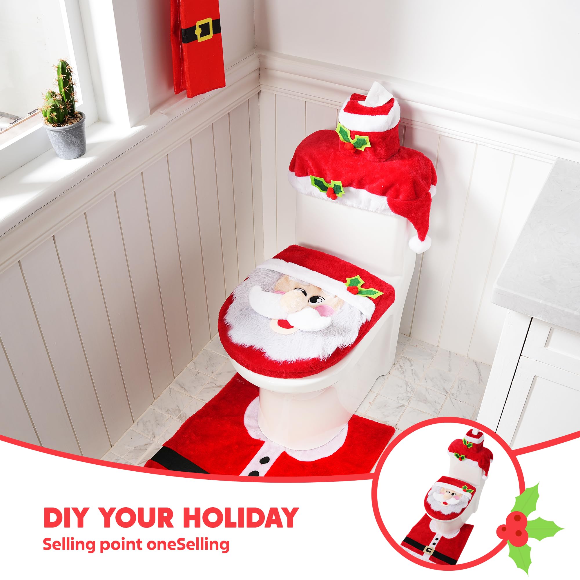 JOYIN 5 Pieces Christmas Theme Bathroom Decoration Set w/Toilet Seat Cover, Rugs, Tank Cover, Toilet Paper Box Cover and Santa Towel for Xmas Indoor Décor, Party Favors (Santa)