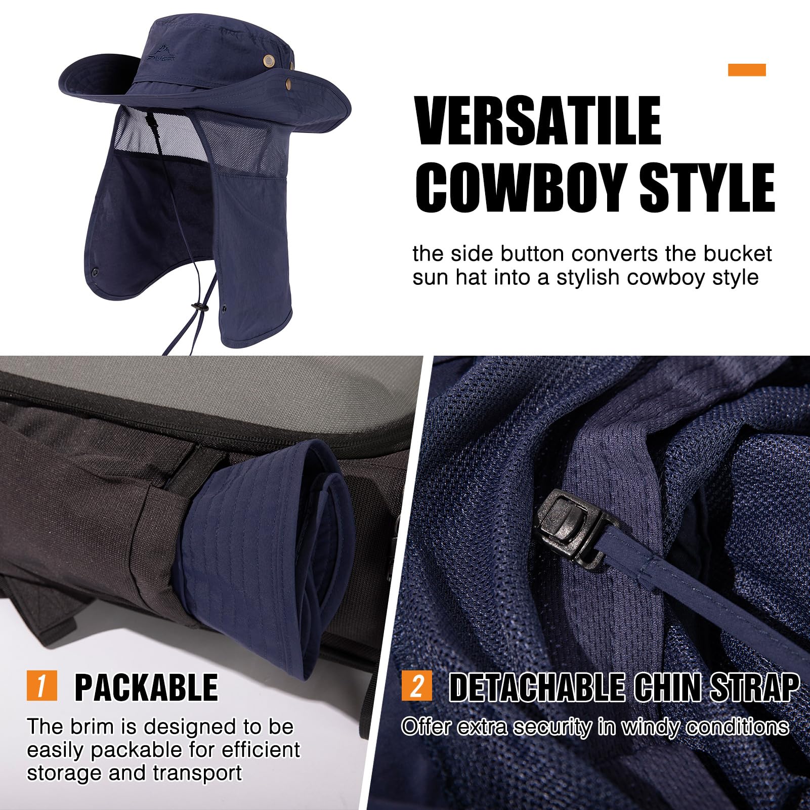 Comhats Sun Hats for Men Neck Cover Flap Protection UPF50+ Wide Brim Summer Boonie Bucket Waterproof Summer Golf Packable Travel Big Head X-Large XX-Large XL XXL Navy Blue