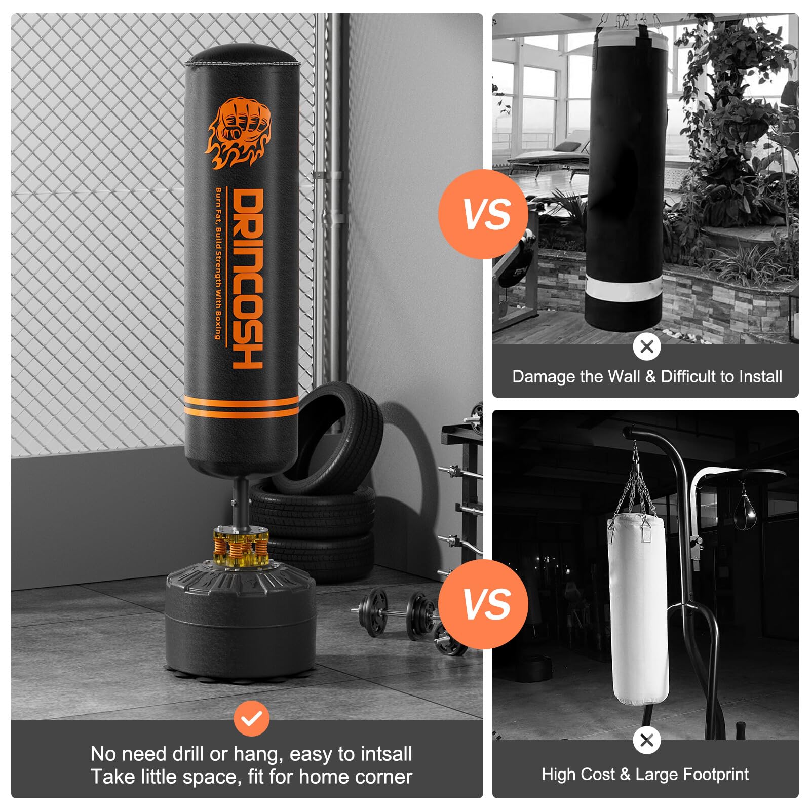DRINCOSH Punching Bag with Stand Adult, 70" Boxing Bag with Gloves, Free Standing Heavy Bag with 12 Suction Cup Base for Adult, Standing Kickboxing Bag for Home Office Gym