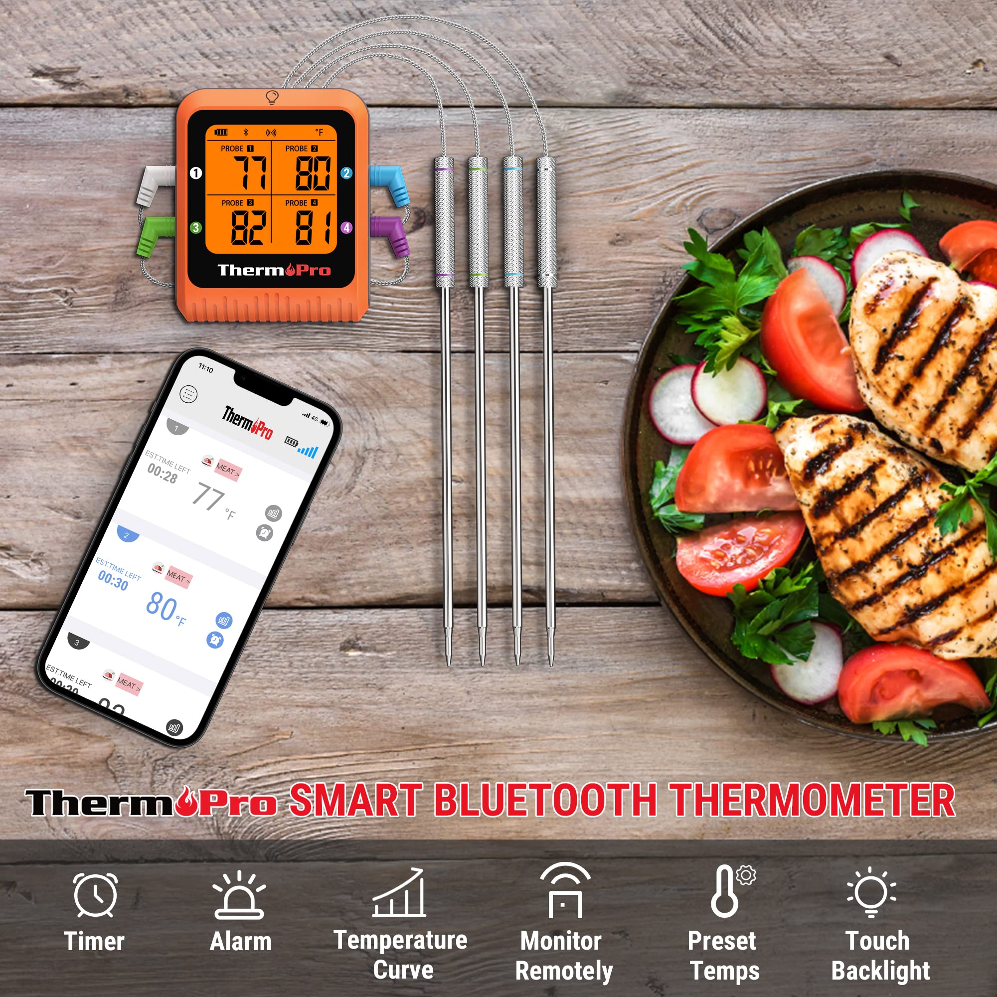 ThermoPro TP930 650FT Wireless Meat Thermometer, Bluetooth Meat Thermometer with 4 Color-Coded Meat Probes, Grill Thermometer with Timer, Commercial Cooking Tools & Utensils Meat Thermometer Wireless