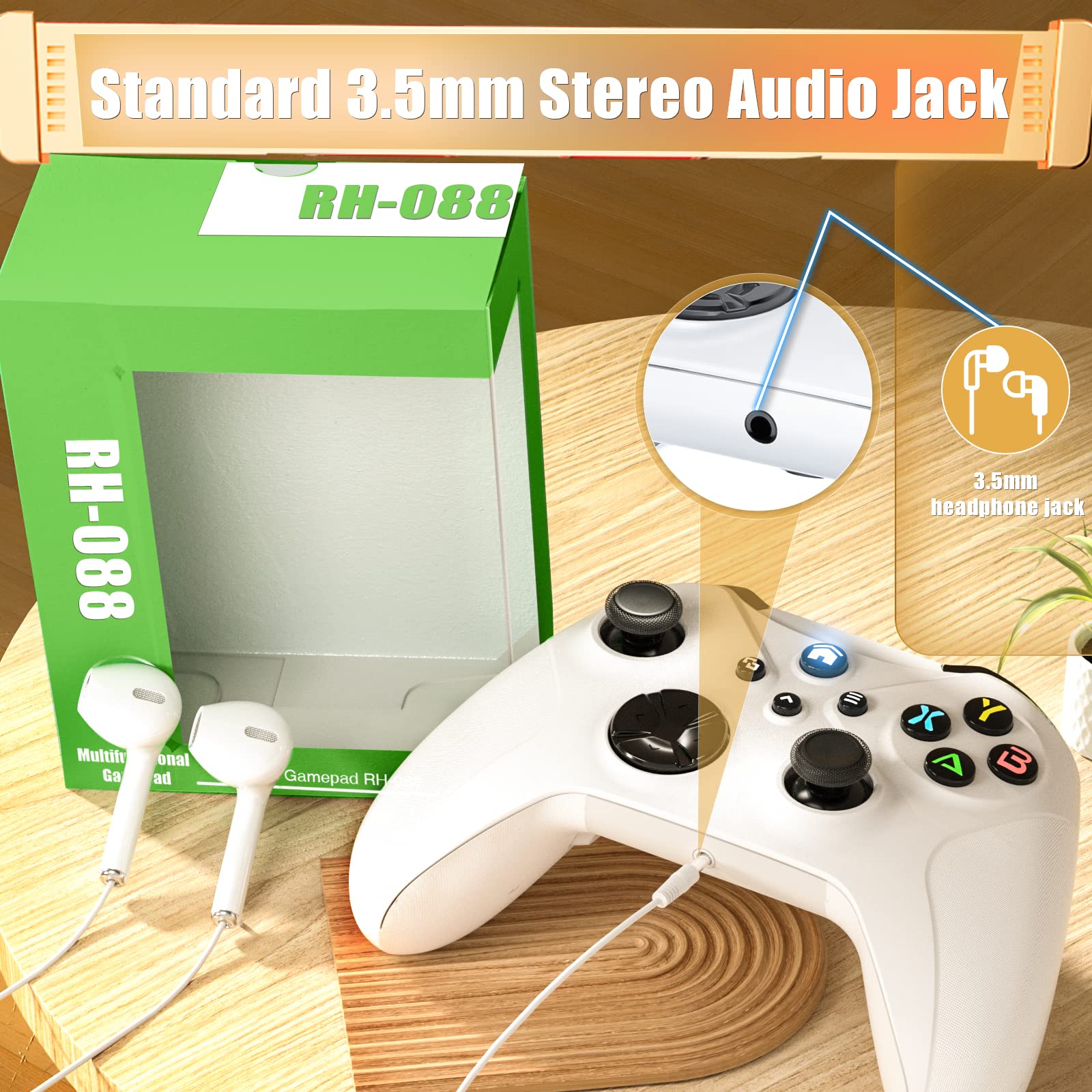 Dinosoo Wireless Controller for Android Windows PC Steam Games, Dual Vibration TURBO Macro Function Hall Trigger 3.5mm Headphone Jack - White (Can't Connect to X for Now)
