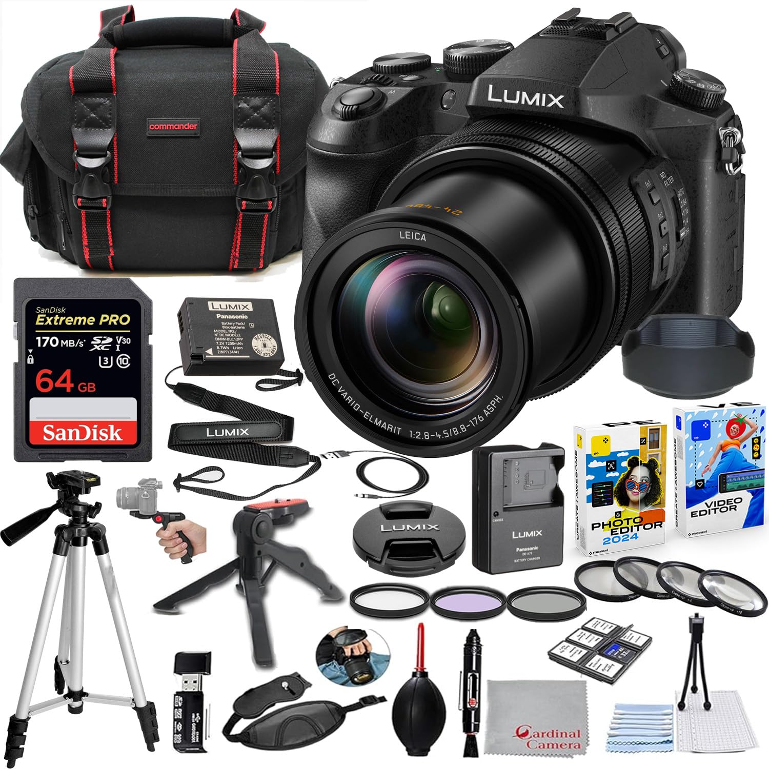 Panasonic Lumix DMC-FZ2500 Digital Camera Bundle (DMC-FZ2500) + Accessory Package Including 64GB Extreme Pro Memory, Filters, Marco Close-Ups, Carry Bag, Editing Software Package & More (33 Items)