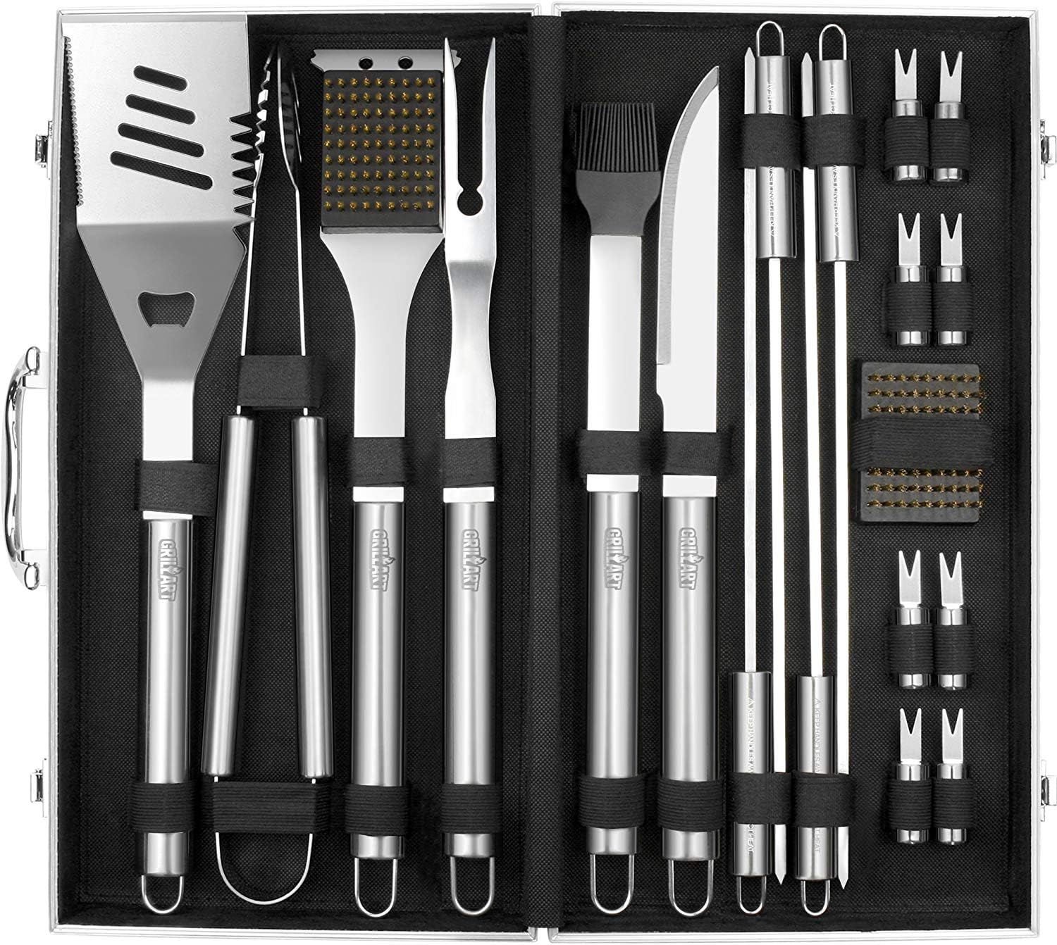 GRILLART BBQ Grill Utensil Tools Set Reinforced BBQ Tongs 19-Piece Stainless-Steel Barbecue Grilling Accessories w/Aluminum Storage Case -Complete Outdoor Grill Kit for Dad, Birthday Gift for Man Dad