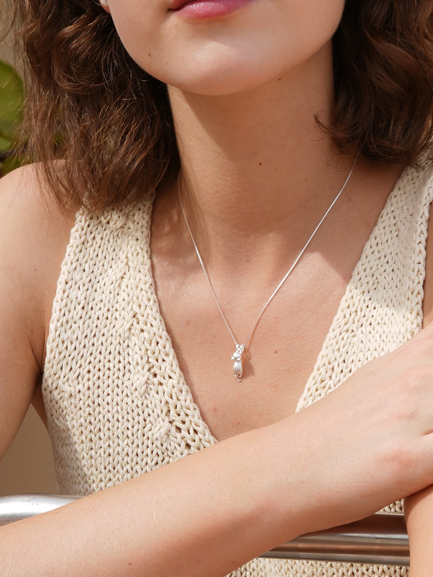 S.Leaf Sterling Silver Cat Necklaces for Women Cat Jewelry for Women Cat Accessories for Women Cat Mom Lover Lady Themed Gifts Cute Silver Kitten Jewelry Birthday Gifts for Women (04_Matte_Silver)
