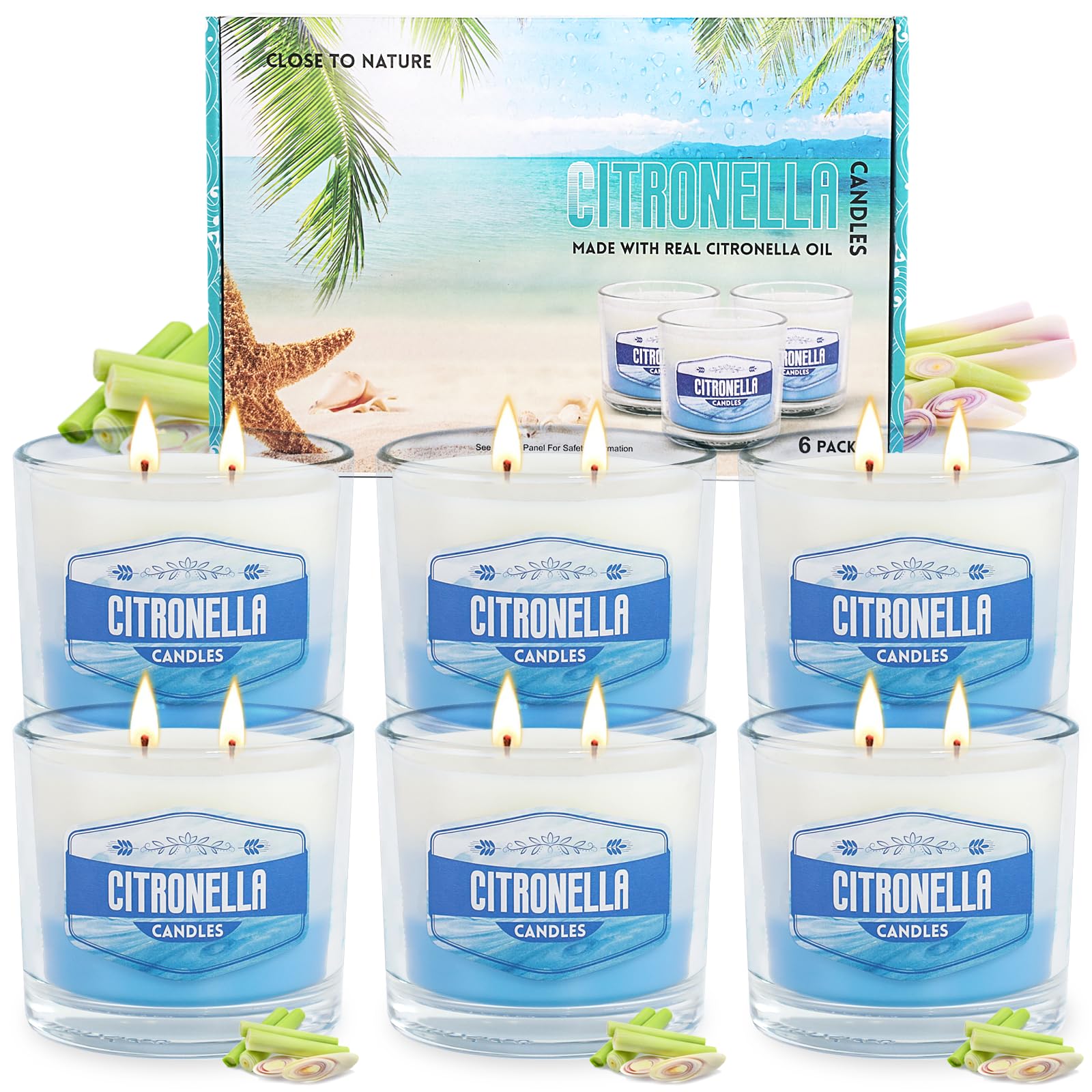 6 Pack Citronella Candles Outdoor, 2 Wick Large Scented Citronella Candles Set, 60 oz 450H Burn Citronella Candle Essential Oils and Natural Soy Wax for Summer Garden Yard Balcony Camping Backyard