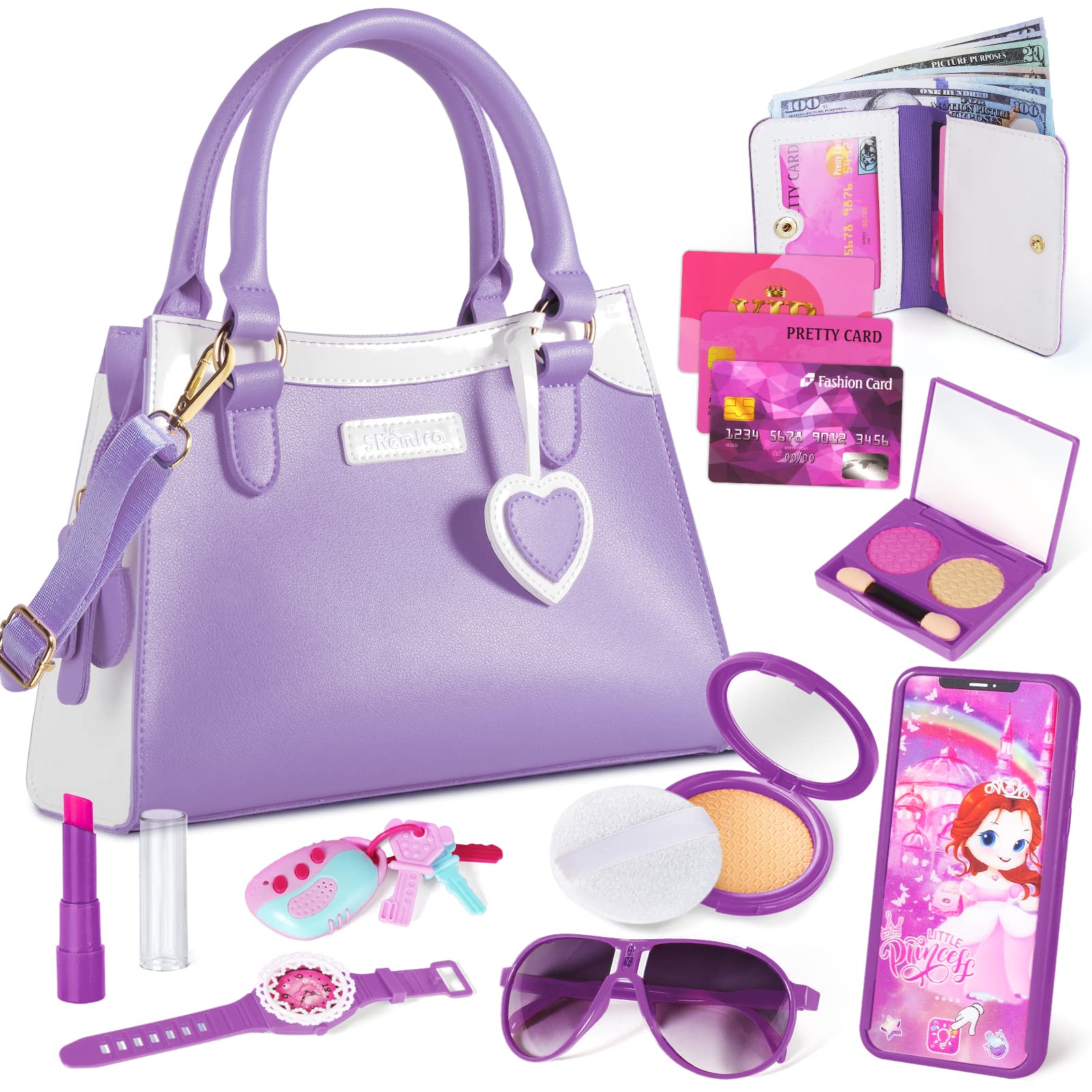 Shemira Play Purse for Little Girls, Princess Pretend Play Girl Toys for 3 4 5 6 7 8 Years Old, Birthday Gift for Girls Age 3-5 4-6 6-8, Toddler Purse with Accessories, Kids Toy Purse,Purple